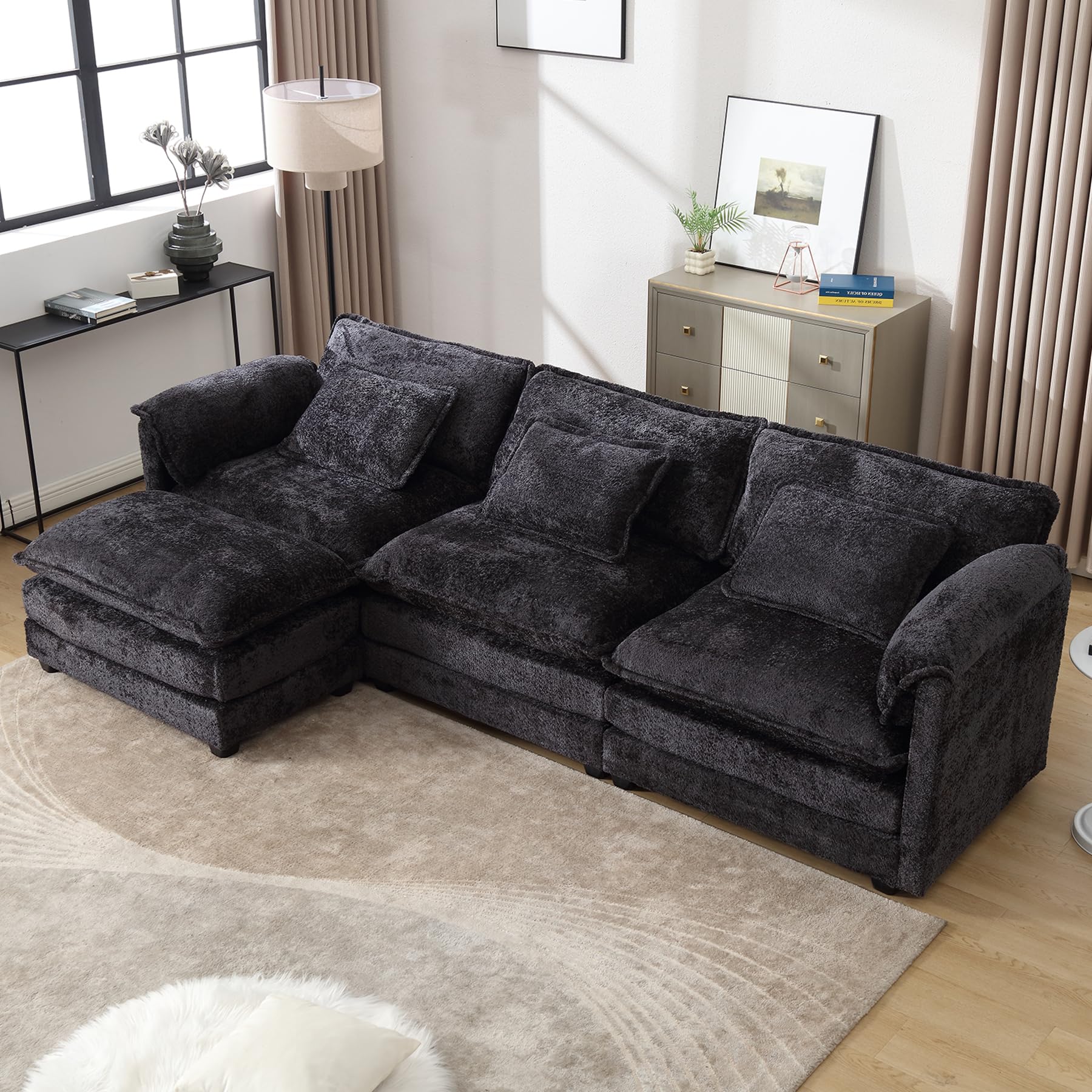 AZSJML Oversized Cloud Couch Sectional for Living Room, 112" Modern Chenille L Shaped Modular Couch with Movable Ottoman, Comfy Upholstered Sofa