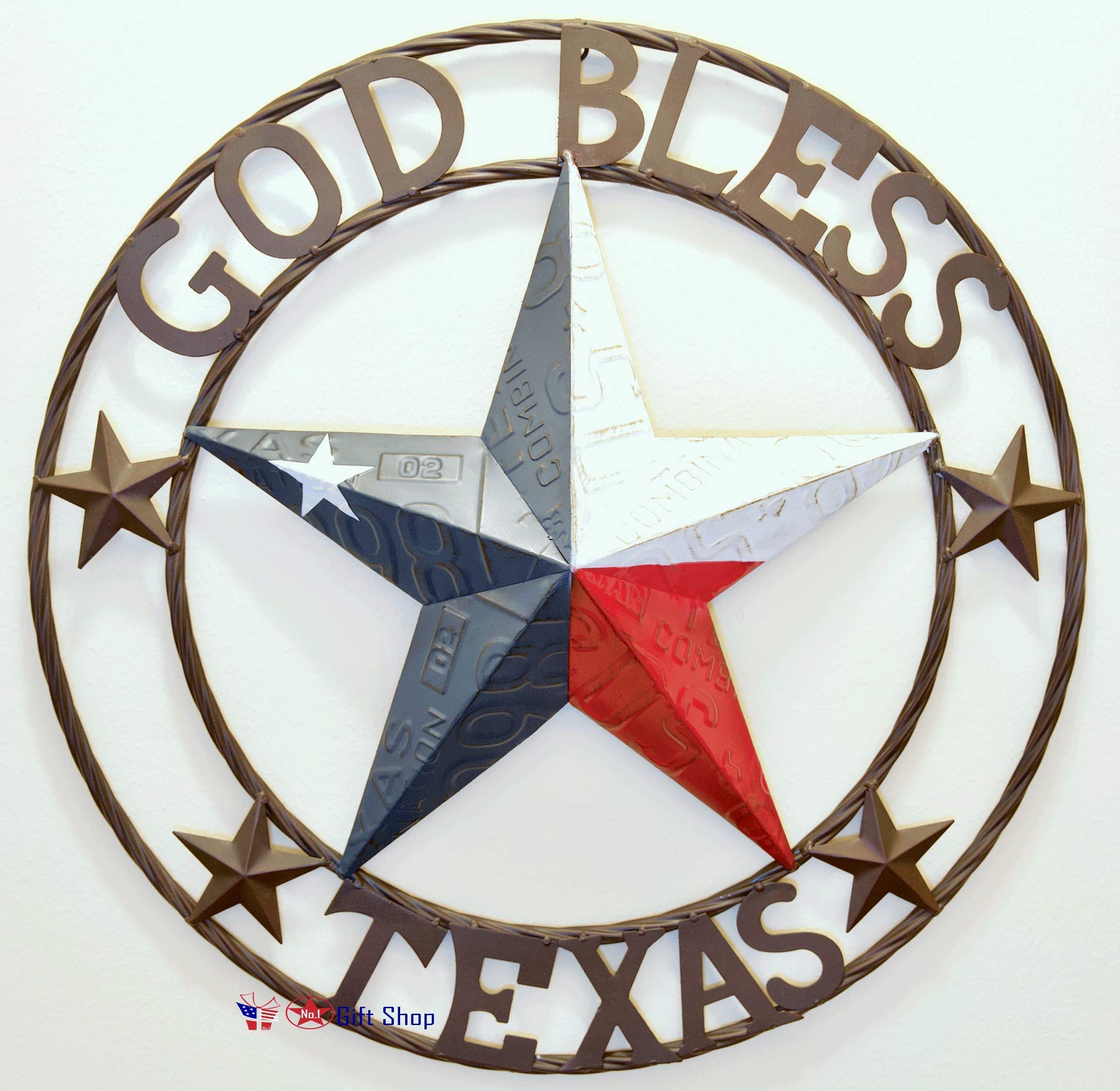 BestGiftEver Metal 24" Circled Star with God Bless Texas Wall Hanging Decoration with Red White Blue Star