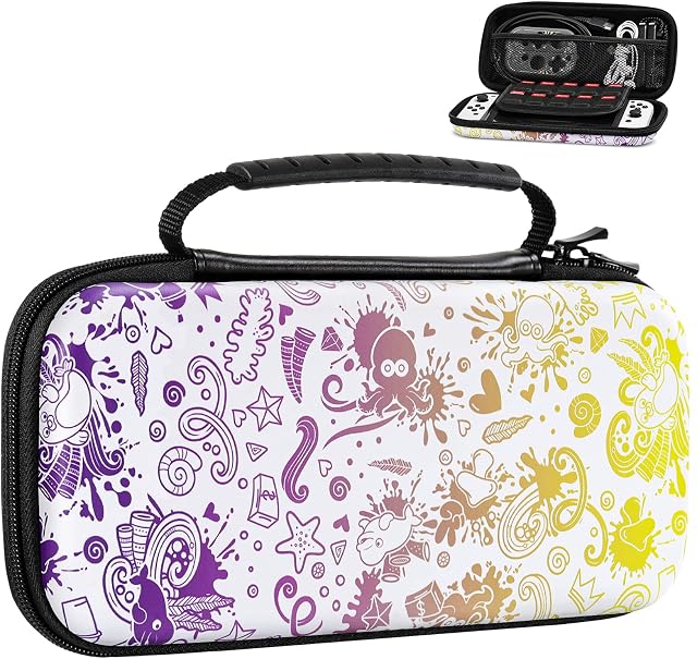 MoKo Carrying Case for Nintendo Switch OLED Model/Nintendo Switch, Hard Shell Portable Travel Carry Case w/10 Game Card Slots Compatible for Nintendo Switch Console & Accessories, Purple Yellow Seabed