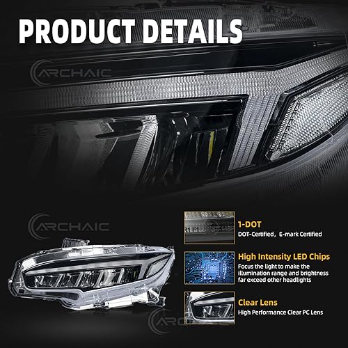 Vista 5 de Archaic Conjunto de faros delanteros compatible con Honda Civic 2016-2021 Sedan/Coupe/Hatchback/Type R, faros con señal de giro secuencial, DRL