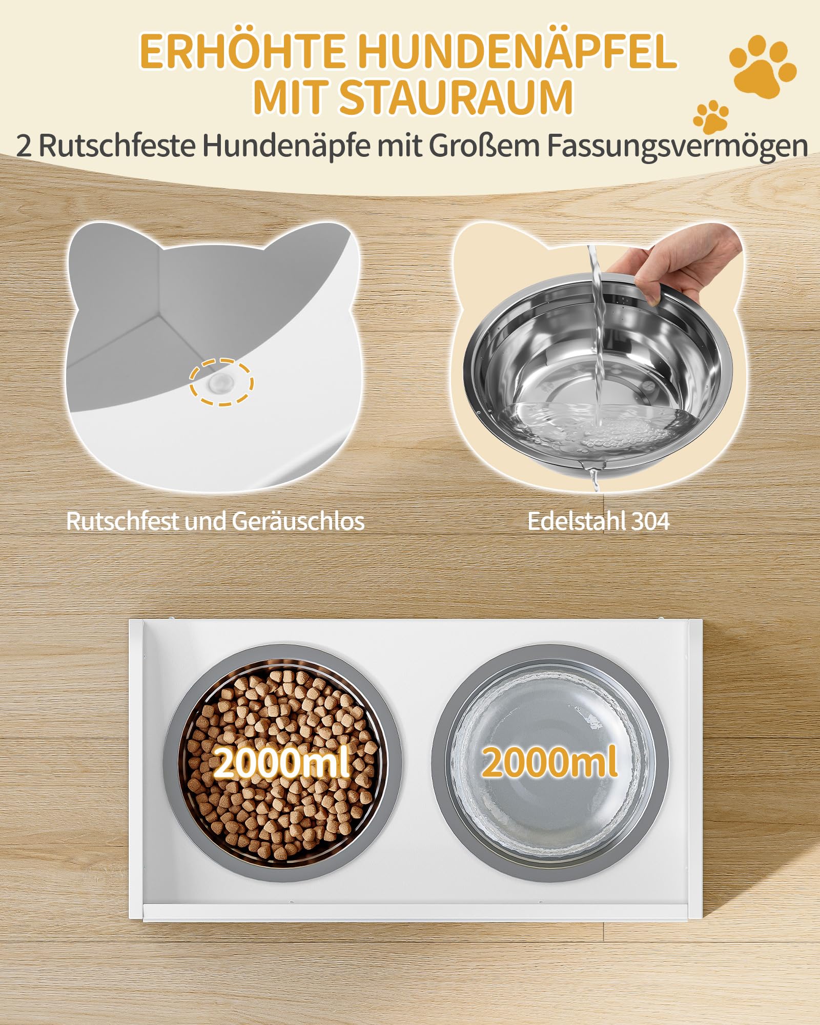 Hzuaneri Erhöhter Hundenapf mit Schiebetür-Aufbewahrung, 2 x 2 L Edelstahlnäpfe, 46 cm Hoch, Futterstation für Mittelgroße Bis Große Hunde, Mattweiß PB88003W