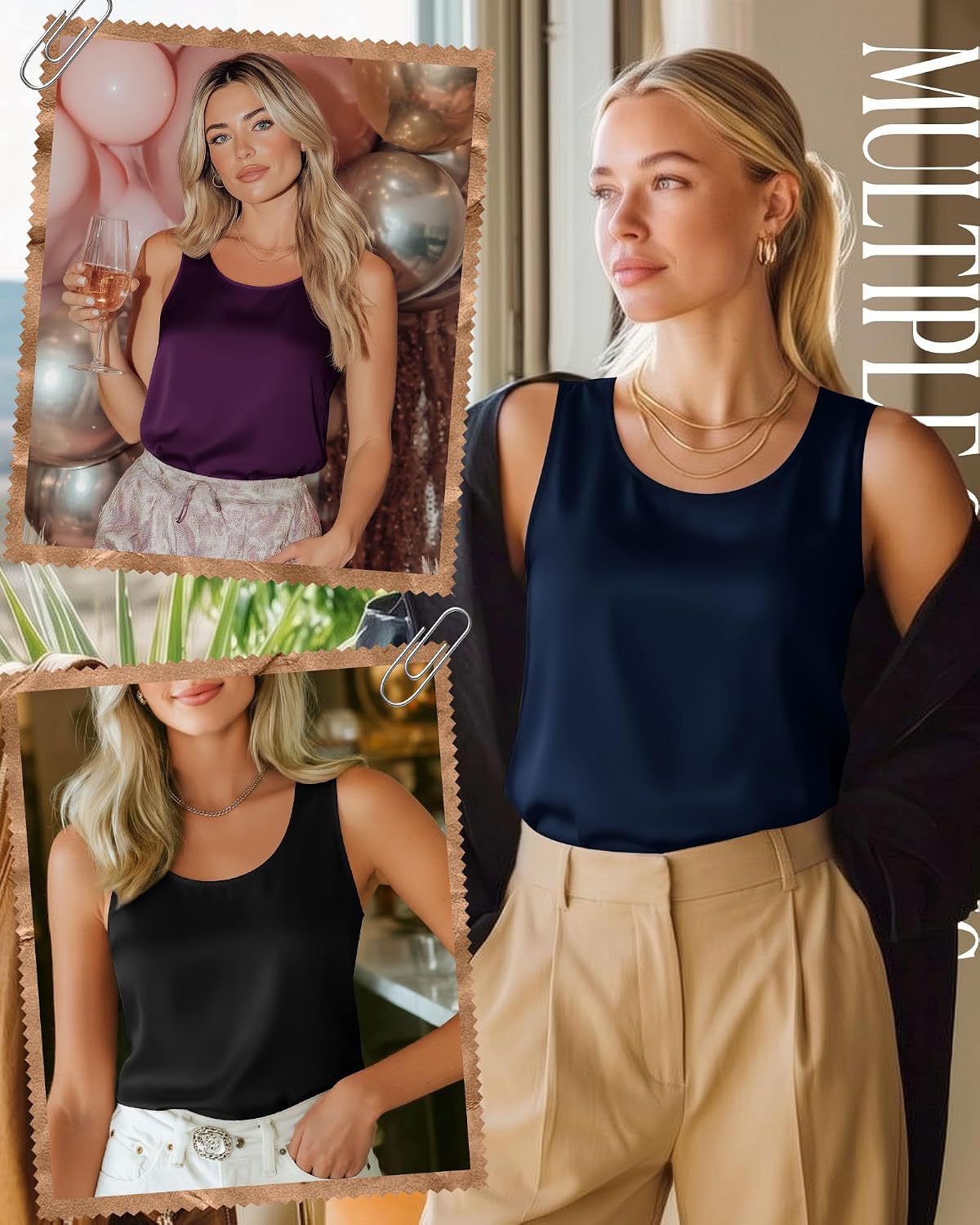 3 Pack Women's Satin Tank Tops Silk Camisole Sleeveless Scoop Neck Work Undershirt Dressy Shirt Lady Blouse Summer