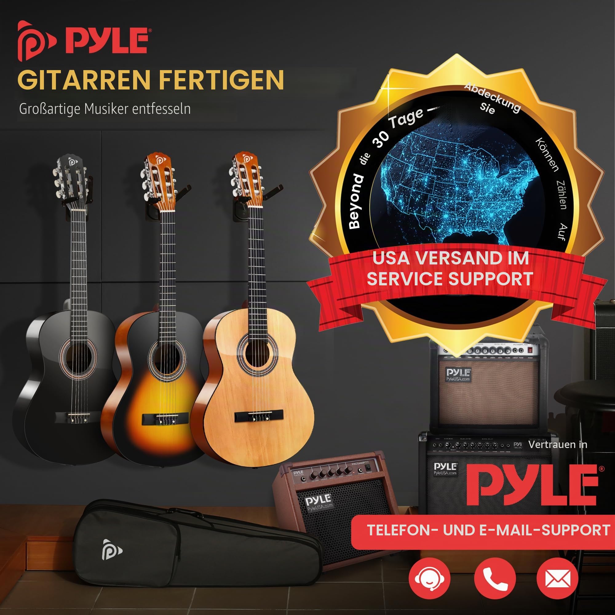 Pyle Akustikgitarre für Linkshänder, Anfänger, 1/4 Junior-Größe, aus Holz, Nylon-Saiteninstrument mit Kapodaster, Gurt, extra Saiten-Set, Gigbag, Gitarren für Anfänger, Erwachsene, Jugendliche, 76,2