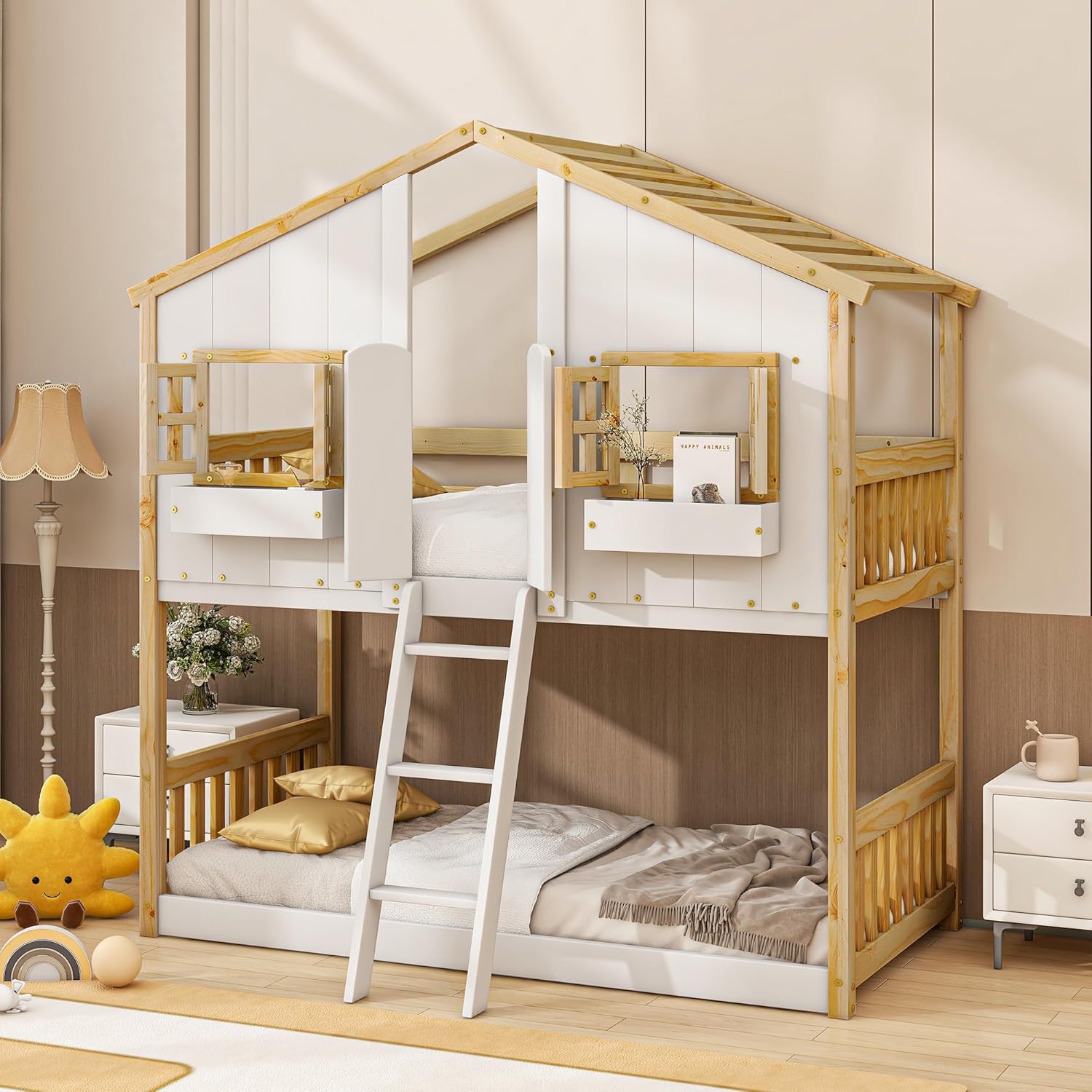 Bellemave Twin Over Twin House Bunk Bed with Door and Window for Kids, Solid Wood Floor Bunk Beds Frame with Stroage and Semi-Enclosed Roof for Girls Boys,Natural