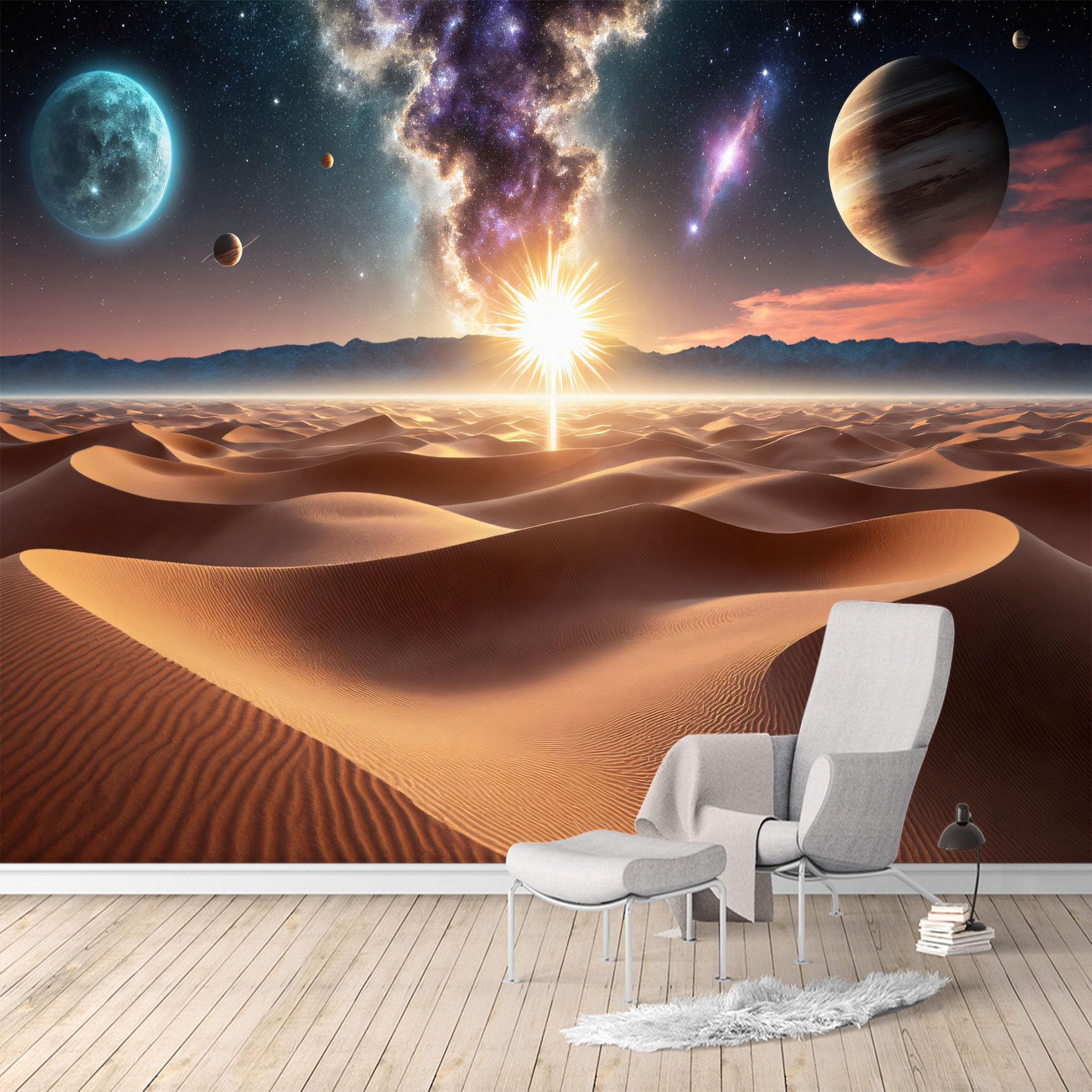 Custom Size Wall Murals, Desert Dunes & Cosmic Sky Planet Nebula Scene, Removable Self Adhesive Large Wallpaper Mural for Living Room Bedroom Office Home Decor