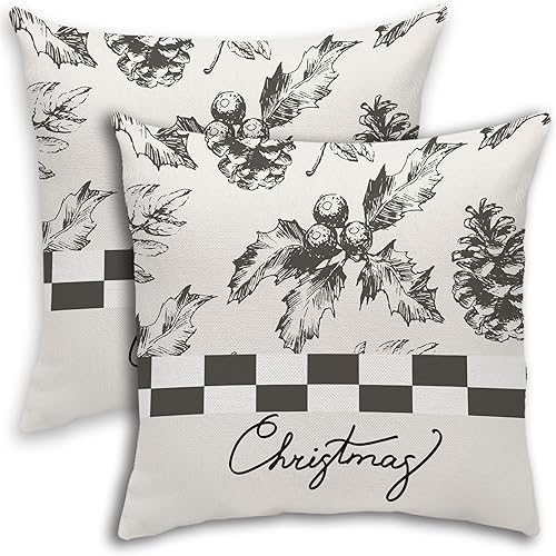 Fundas de almohada navideñas vintage con diseño de bayas navideñas, diseño de hojas de acebo, feliz año nuevo, paquete de 2 fundas de almohada de