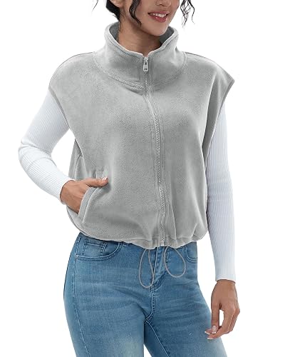 miswek Women's Full Zip Fleece Short Vest Warm Winter Sleeveless Stand Collar Sherpa Crop Coat