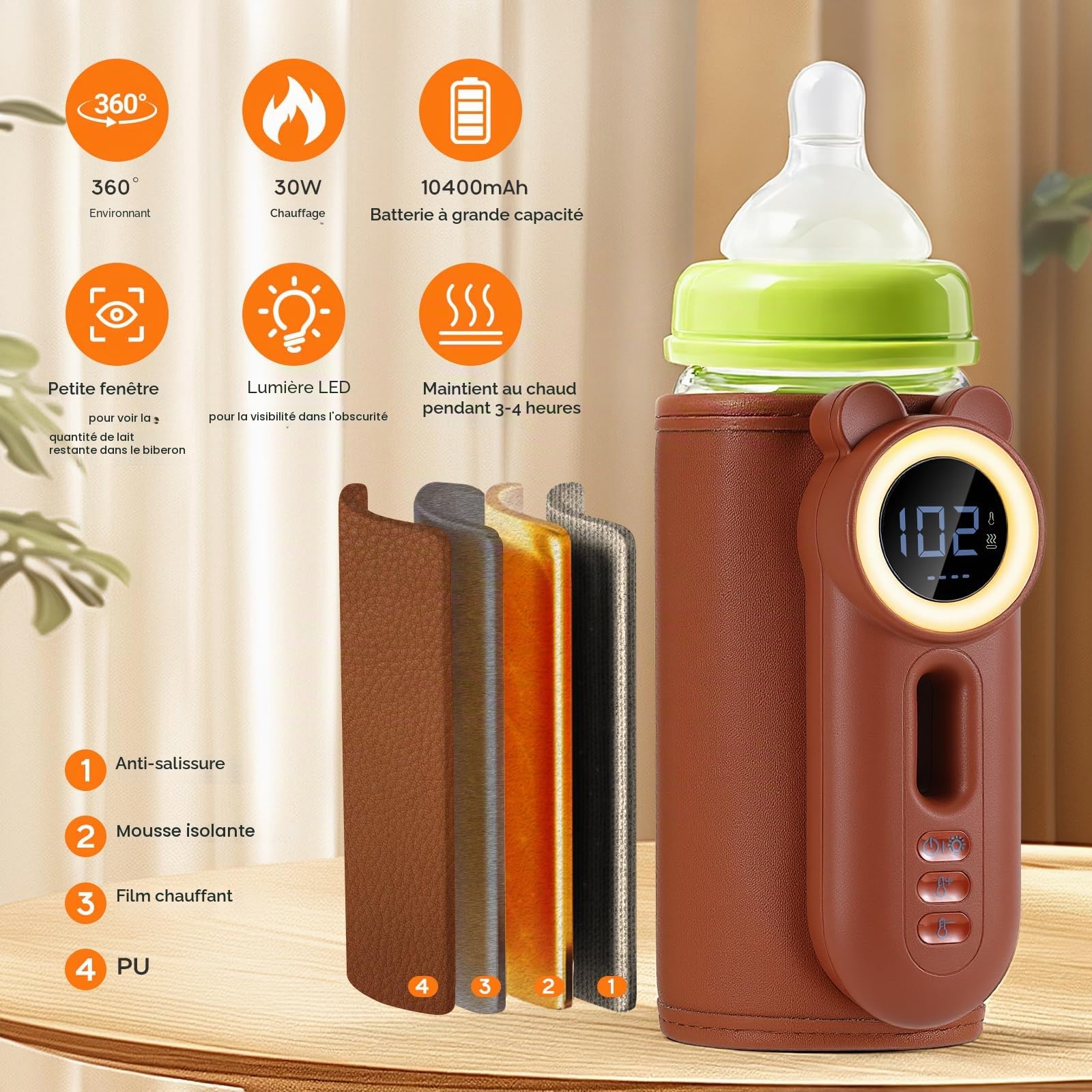 Chauffe Biberon Nomade Portable 10400mAh Chauffe de Lait 11 Niveaux de Température 35-55℃ Chauffe-biberon Sans Fil Réchauffeur de Biberon avec Écran LCD et Lumière pour Maison Extérieur Voyage