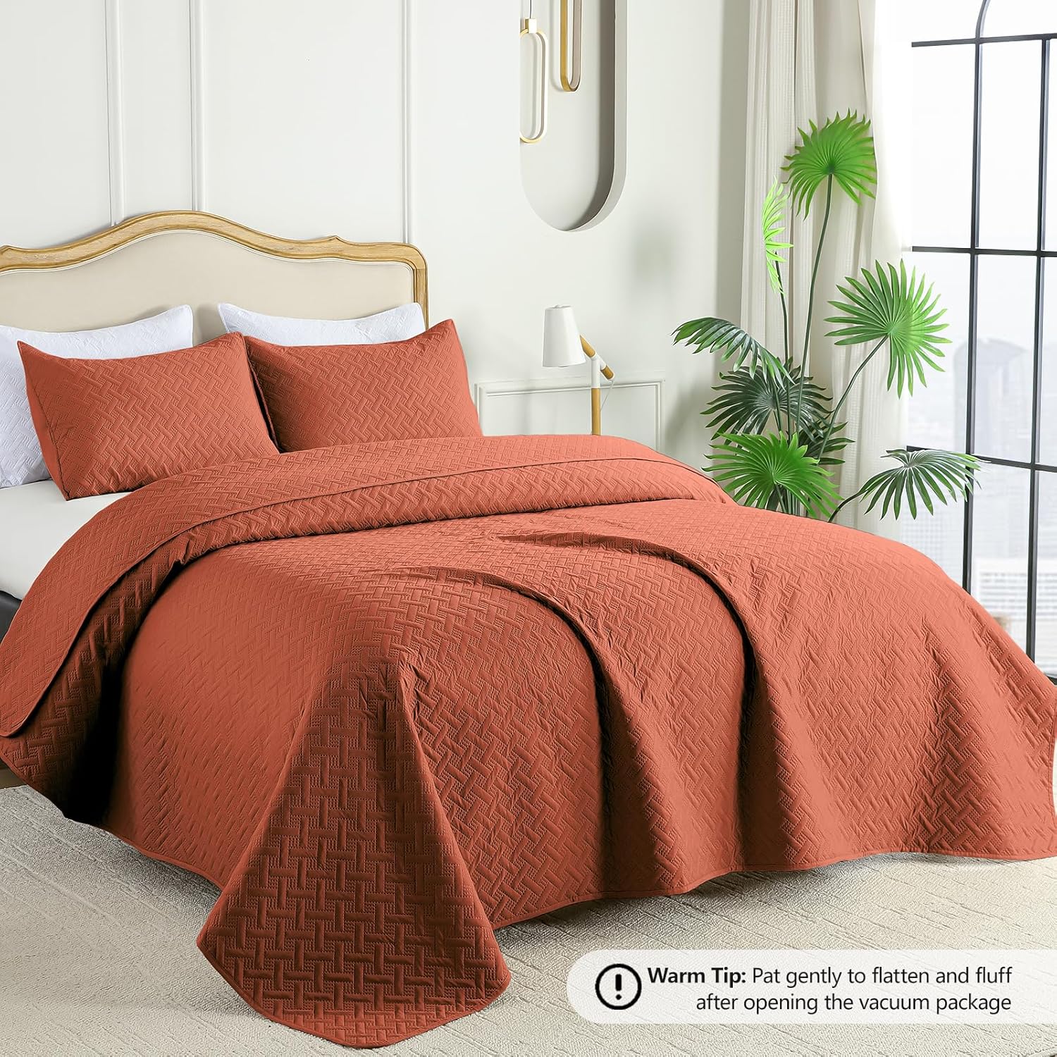 FLYMME King Size Quilt Bedding Set Burnt Orange Lightweight Bedspreads Set,Modern Style Geometric Weave Stripe Pattern,Soft Microfiber Bed Coverlet 3 Pieces (1 Quilt, 2 Shams) - Image 2