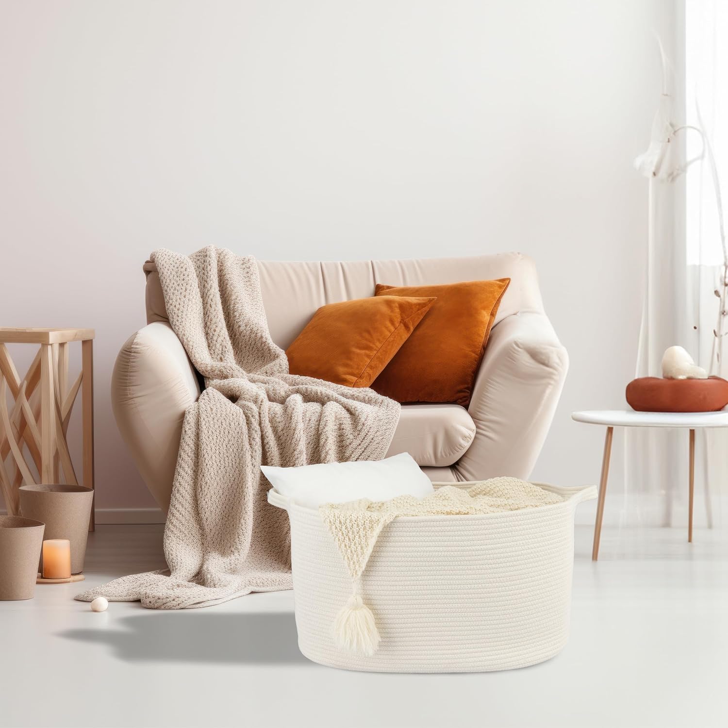 Large Rectangle Blankets Basket Living Room 22"x17"x12" Woven Cotton Rope Storage Baskets for Nursery Toy Baskets for Kids and Dogs Wicker Laundry Basket Bin for Clothes Towels white - Image 5