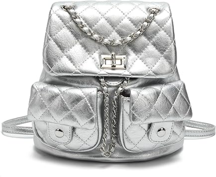 Quilted Mini Backpack Purse for Women, Small PU Leather Fashion Backpack with Chain Strap, Silver
