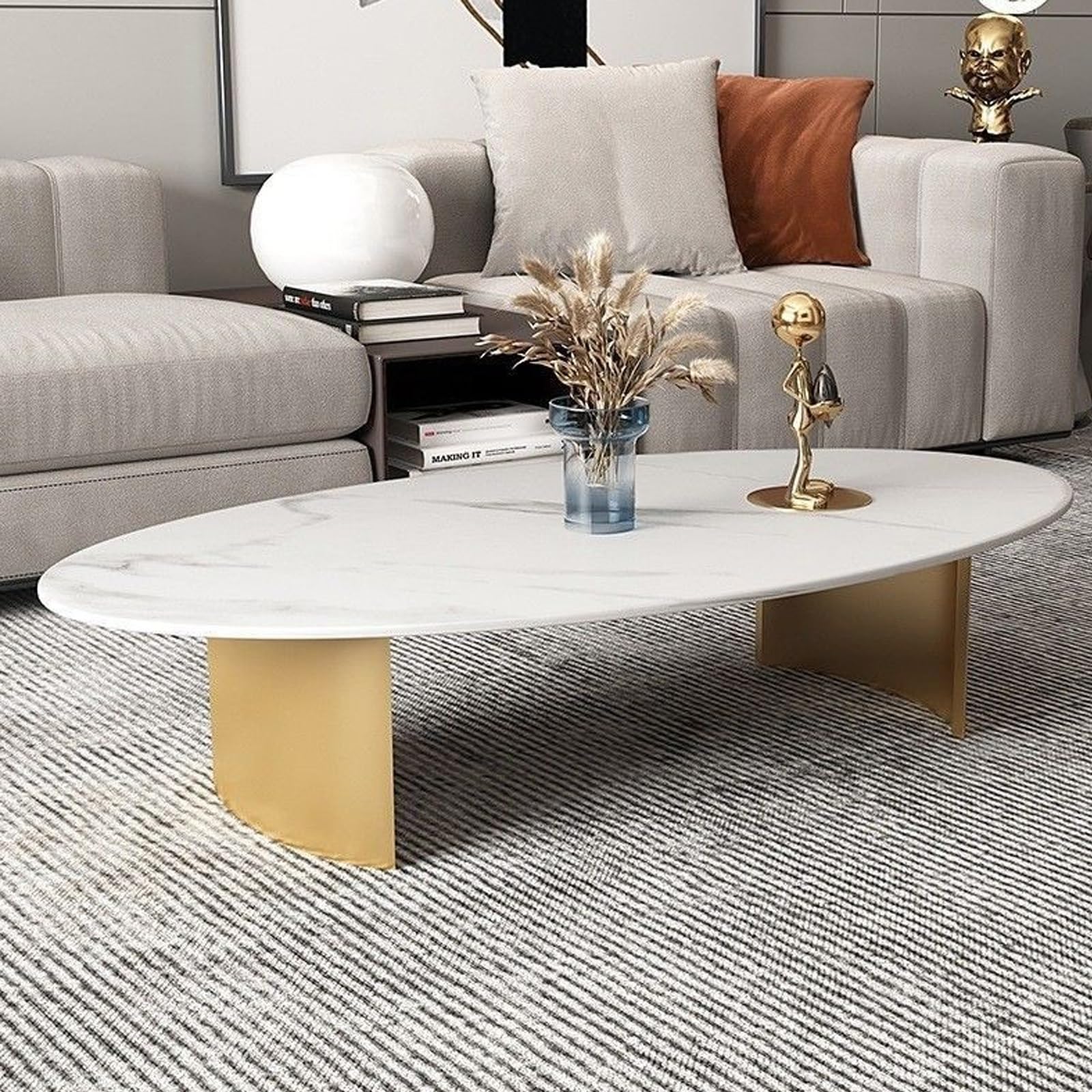 Tavolino da caffè ovale in lastra di pietra per soggiorno,tavolino cocktail in stile Mid Century con base metallica curva creativa, bordi arrotondati, effetto marmo.(F,100*60*40CM/39.4*23.6*15.7IN)