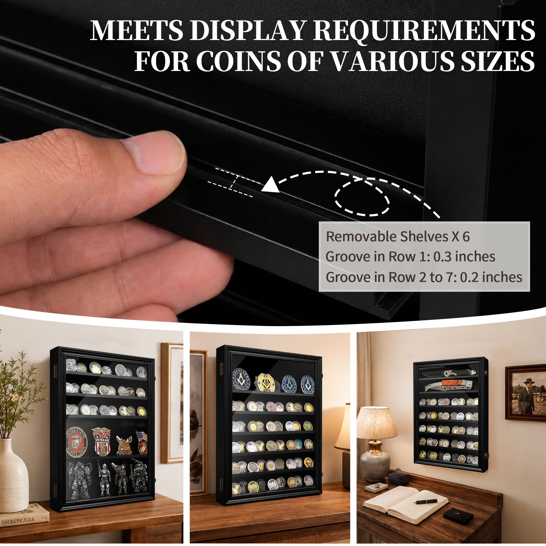ASmileIndeep Challenge - Soporte de pared para exhibición de monedas con puerta de vidrio HD, 7 filas de monedas militares, con capacidad para 100 monedas, caja de exhibición de medallas de madera
