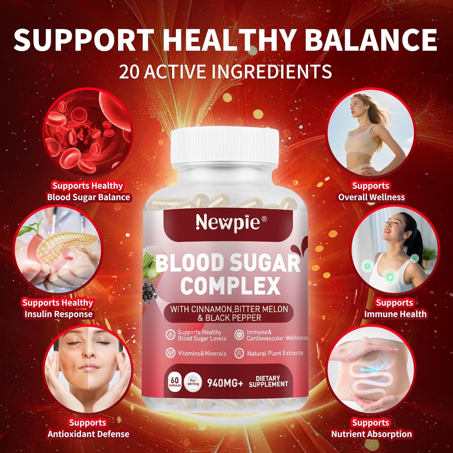 Blood Sugar Complex Supplement – Supports Healthy Blood Sugar in Normal Range, Natural with 20 Active Ingredients Including Cinnamon, Bitter Melon, Fenugreek Seeds & Vitamins, Non-GMO, 60 Capsules - Image 4