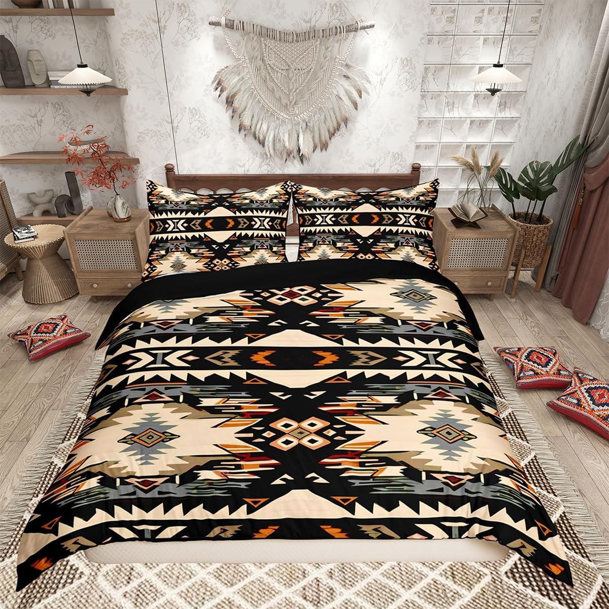 Loussiesd Black Southwestern Bedding Set King Size Geometric Comforter Cover Set Tribal Western Decor Native American Design Duvet Cover Stripe Line Bedspread Cover Room Decor Quilt Cover