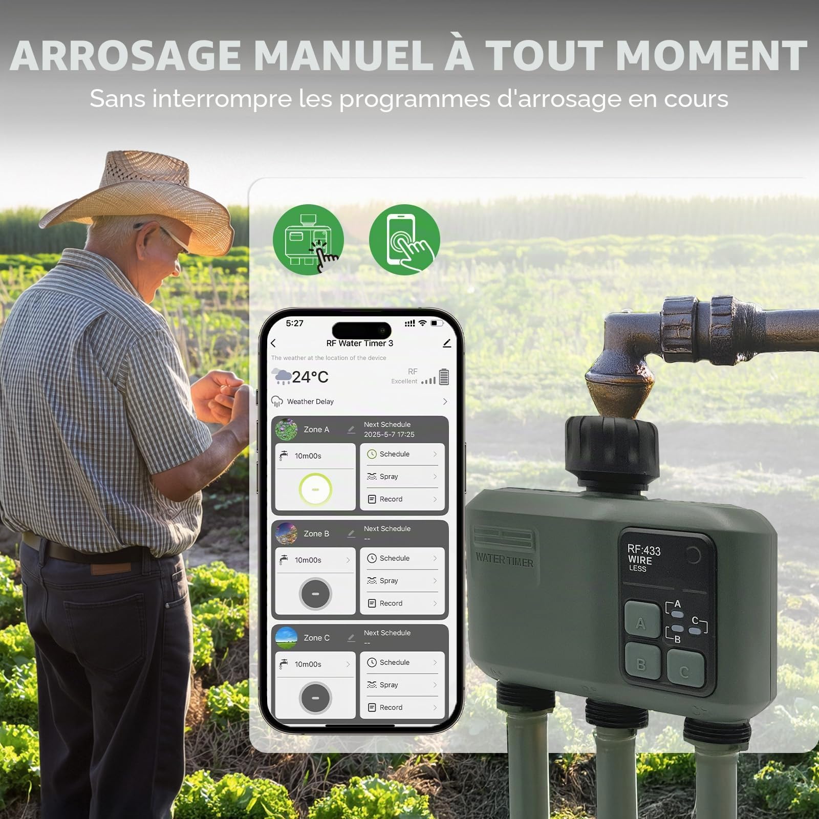 Johgee Programmateur Arrosage WiFi 3 Voies, avec Technologie RF 433 500M, Minuteur Arrosage Automatique avec Temporisation de la Pluie, 2 Modes D'arrosage, Télécommande Smart APP pour Jardin, Pelouse