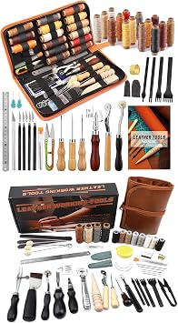 BUTUZE Leather Working Tools, Leather Tool Kit, Practical Leather Craft Kit with Waxed Thread Groover Awl Stitching Punch Hole for Leathercraft Beginner or Adults Gifts - with Tool Manual