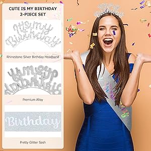 BAHABY It's My Birthday Sash & Headband Set, Silver - Hairband Accessory for Women Celebrating Their Birthday, 2 Pieces Included