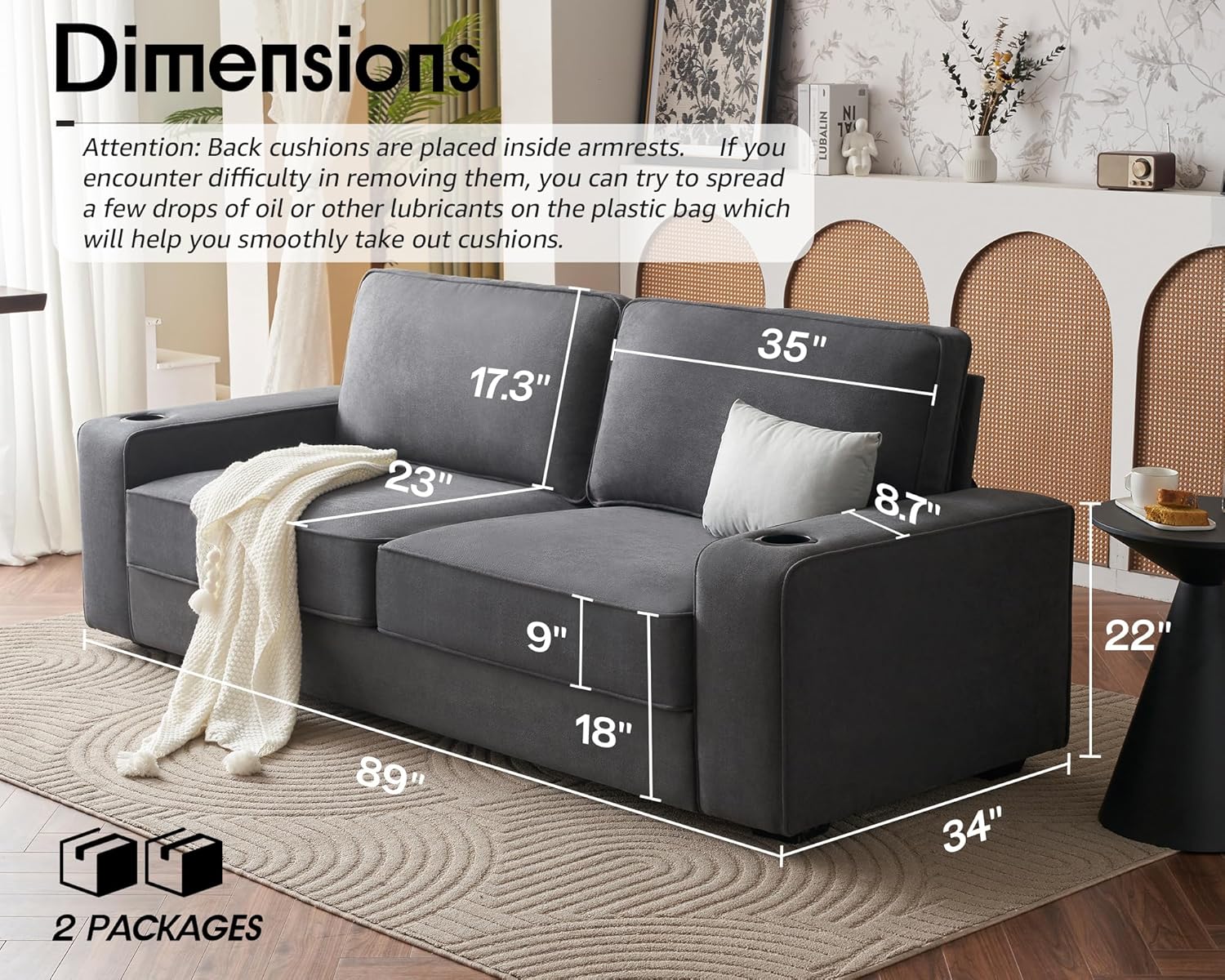VanAcc Sofa, 89in Modern Couch with Cup Holders & USB Charging Ports, Deep Seat Sofa Couch- Comfy Couch for Living Room (Charcoal Grey Chenille)