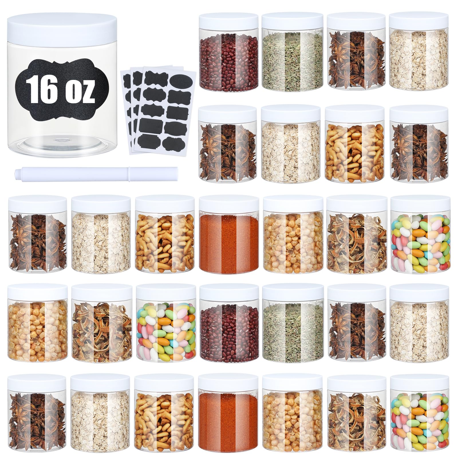 Plastic Jars with Lids,Airtight Container Ideal For Dry Food, Honey Jam, Peanut Butter,Cosmetics, Cream, Bathroom and Storage Included Extra Label and A Pen (30 PCS White Lids)