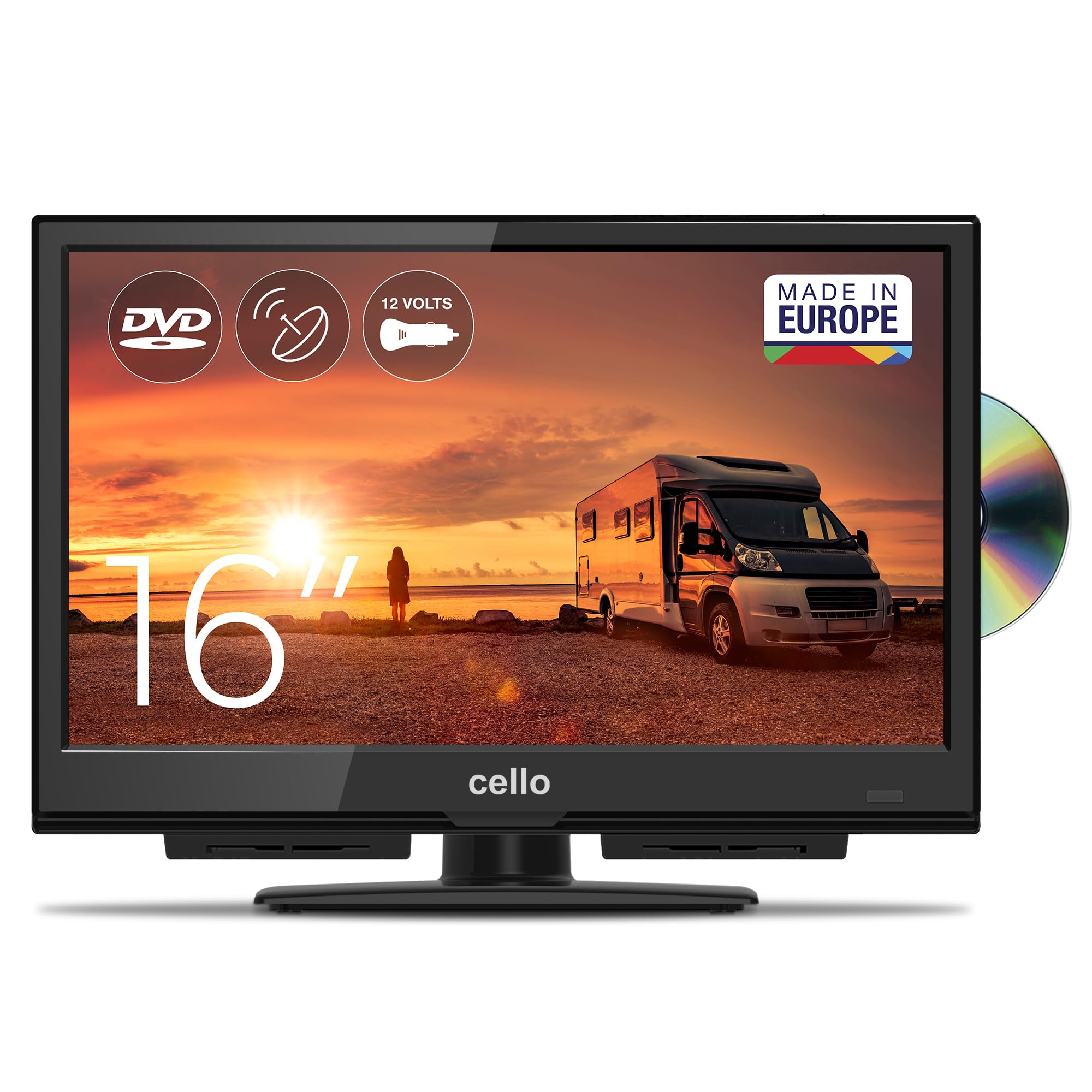 Cello C1624F 16" Pouces,12V, Full HD LED TV, pour Le Camping et Les Voyages, Lecteur DVD intégré, Triple Tuner DVB-T/T2-C-S/S2, HDMI, USB, Adaptateur de Voiture, Son Parfait [Classe énergétique E]