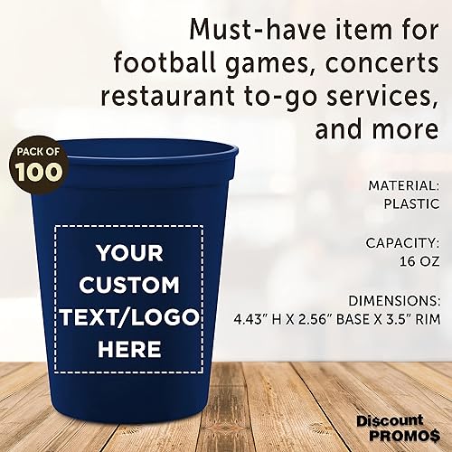 Miniatura 4 de DISCOUNT PROMOS Juego de 100 tazas de agua de plástico reutilizables 16 onzas texto personalizable logotipo duradero reutilizable reciclable azul