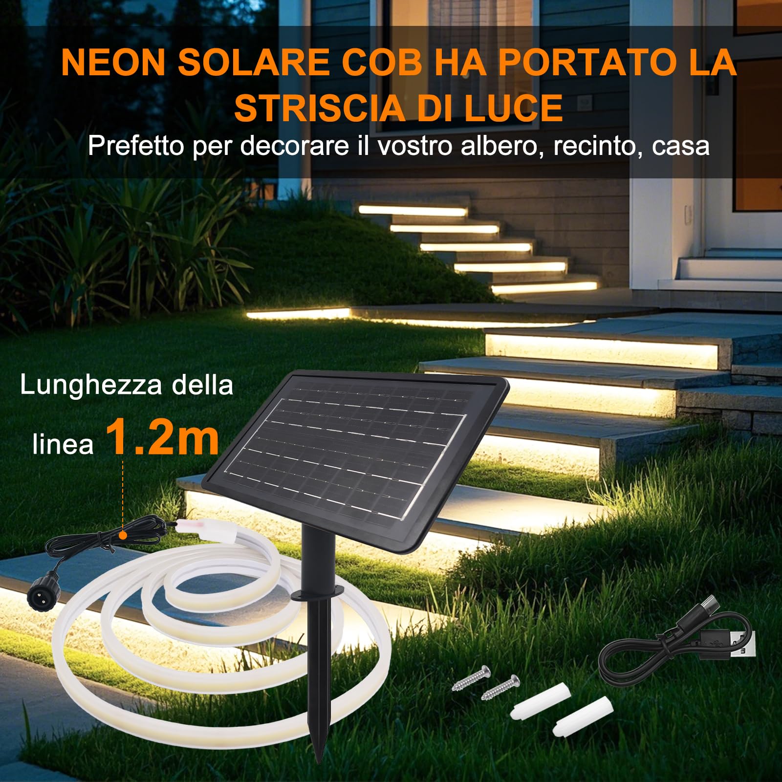 Strisce Led Solari 24V per Esterni, Alta Luminosità Con 320 Led/m, 8 Modalità, Impermeabile, Batteria 7200mah, Ideali per Giardino, Cortile e Balcon (Bianco Naturale (4000-4500K), 10M)