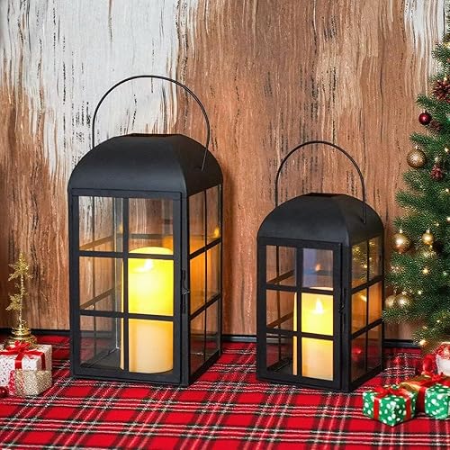 Miniatura 2 de TRIROCKS Juego de 2 faroles portavelas decorativos de 10.5 y 14 pulgadas de alto, farol decorativo para exteriores, portavelas de metal con vidrio