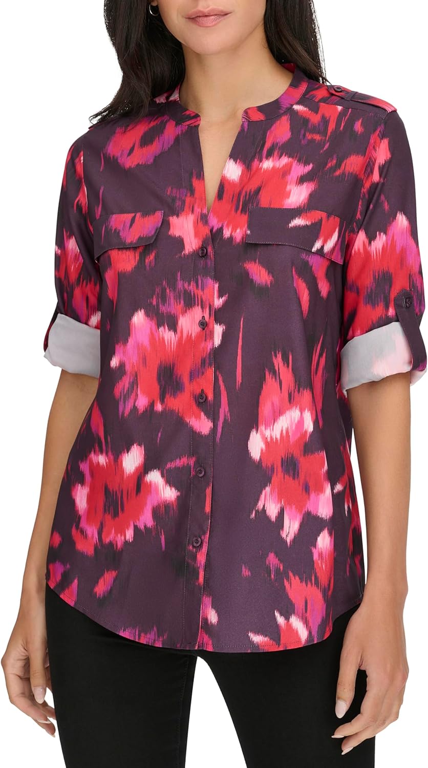 Calvin Klein Womens Button Front Printed Long Sleeve Blouse - Image 5