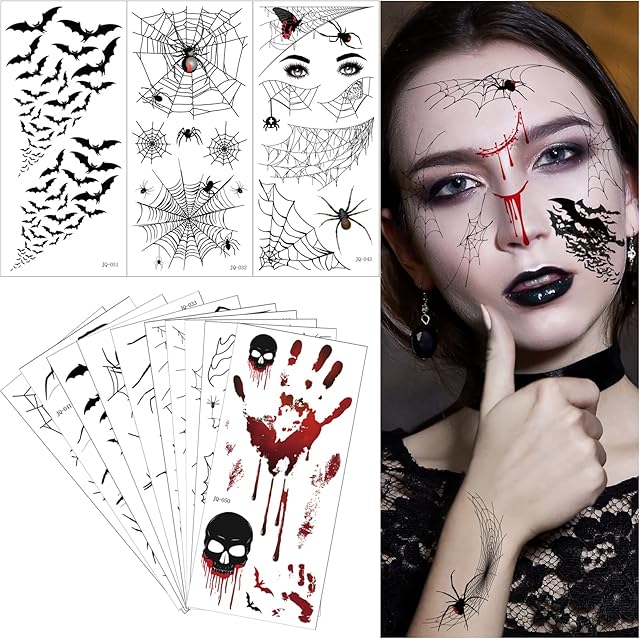 Adisno 10 Sheets Halloween Temporary Tattoo Stickers, Bats, Spiders, Eyes, Skeleton Temporary Tattoos, Spider Web Make Up Stickers for Children, Masquerade, Cosplay Party, Fancy Dress