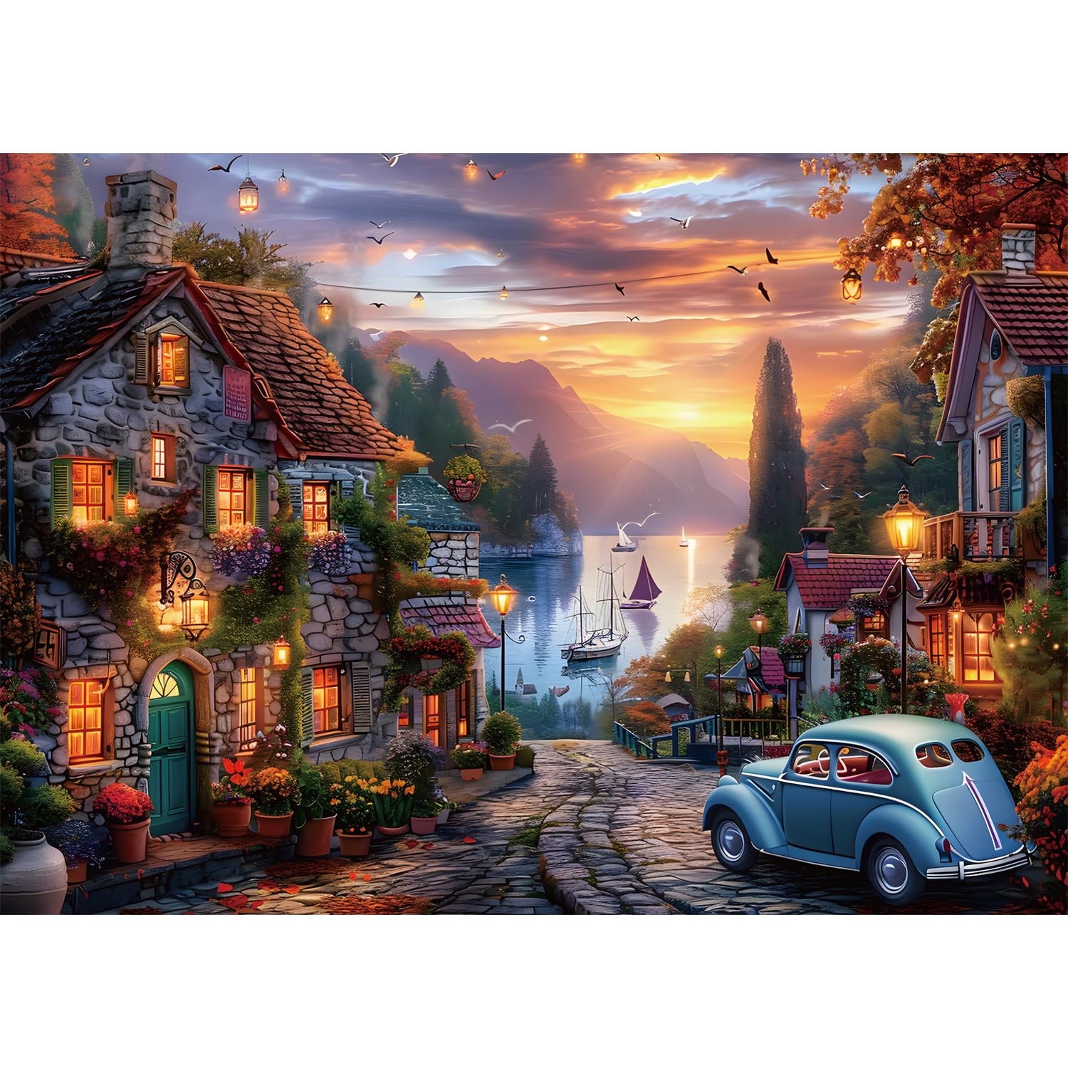 Yunlus Jigsaw Puzzles for Adults 1000 Pieces Autumn Lakeside Town Mountain Puzzles Impossible Hard Difficult Challenging Puzzles Sunset Natural Landscape Jigsaw Puzzle 1000 Pieces 28 x 20 inch