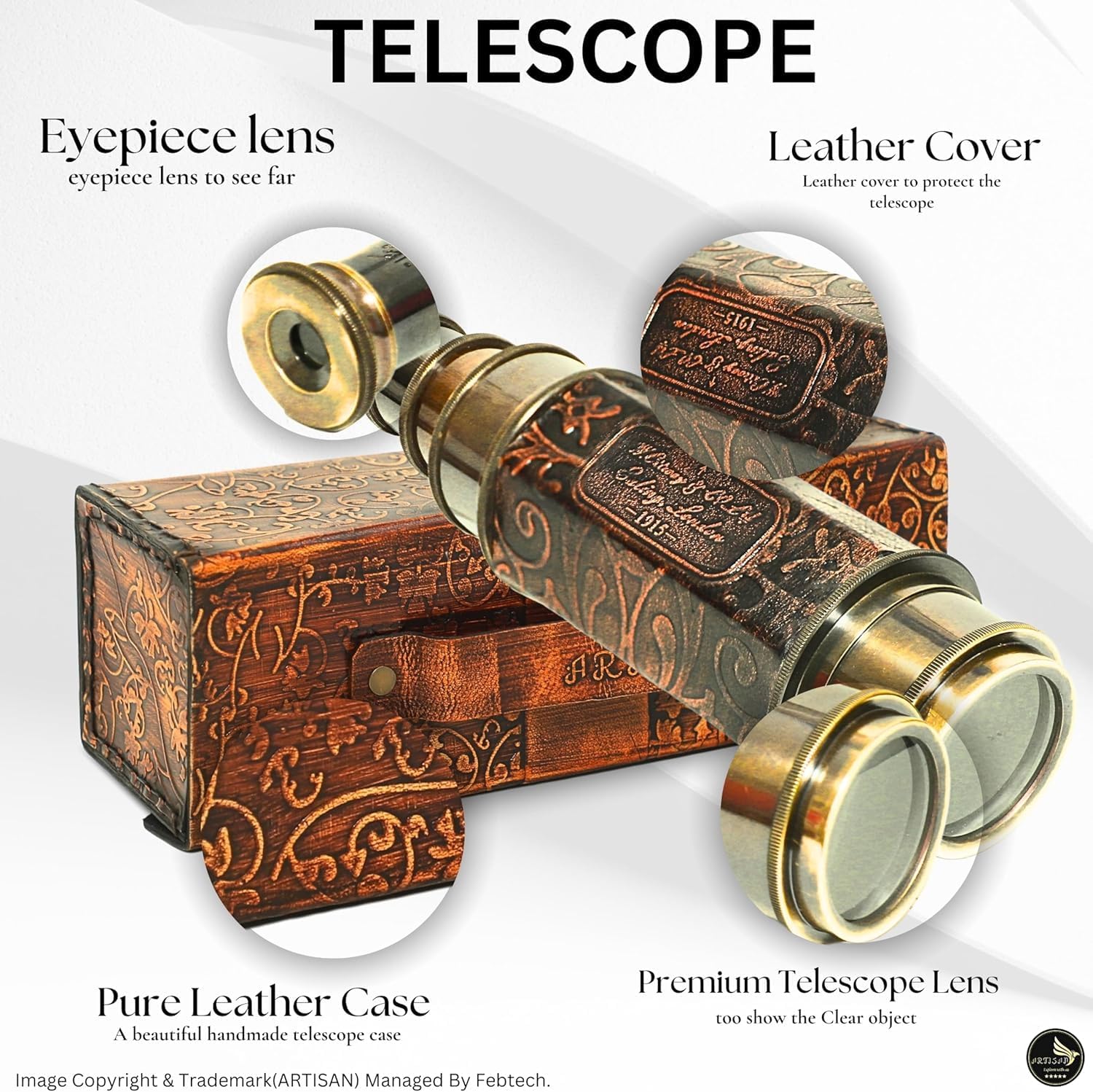 Brass Nautical Antique Working Telescope/Spyglass Replica in Leather Box Extendable to 25 inches, Made of Pure Brass, Decorative Scope with Glass Optics