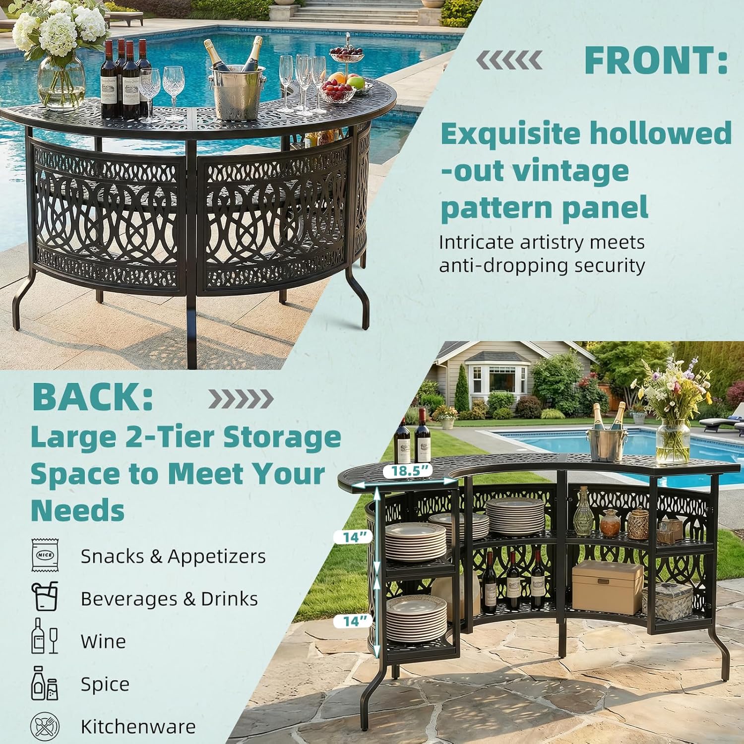 MEETWARM Large 3-Tier Half Moon Outdoor Bar Table, All-Weather Cast Aluminum 75" Patio Party Bar Table with Storage Shelves, 220 LBS Heavy Duty Patio Counter Table High Top Dining Table Home Bar Unit