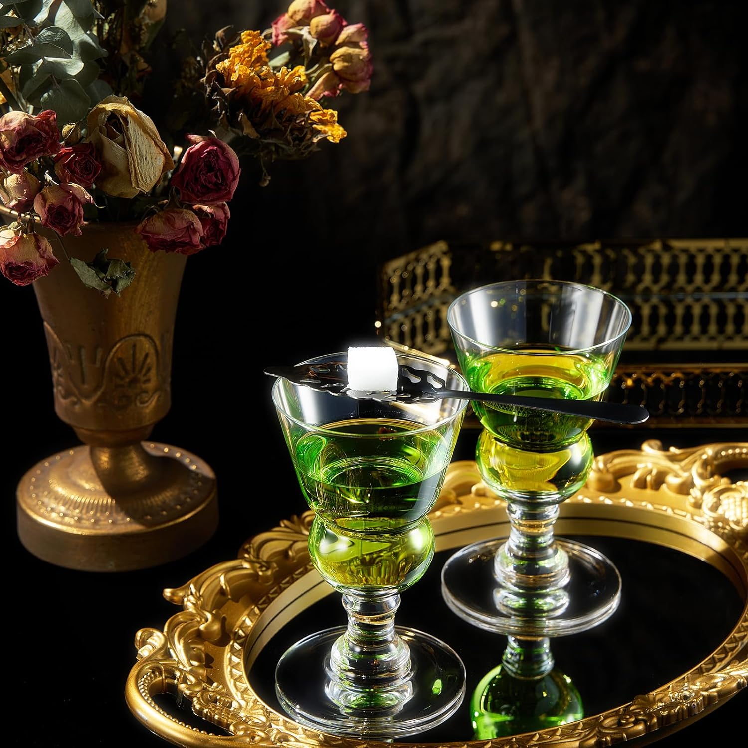Vintage Crystal Absinthe Glasses Set | 7 oz by The Wine Savant - Stemmed Classic with Swiss Bubble Reservoir, Ideal for Tasting, Nosing & Sipping Absinthe, Sambuca, Raki, Pastis, Ouzo, Green Fairy