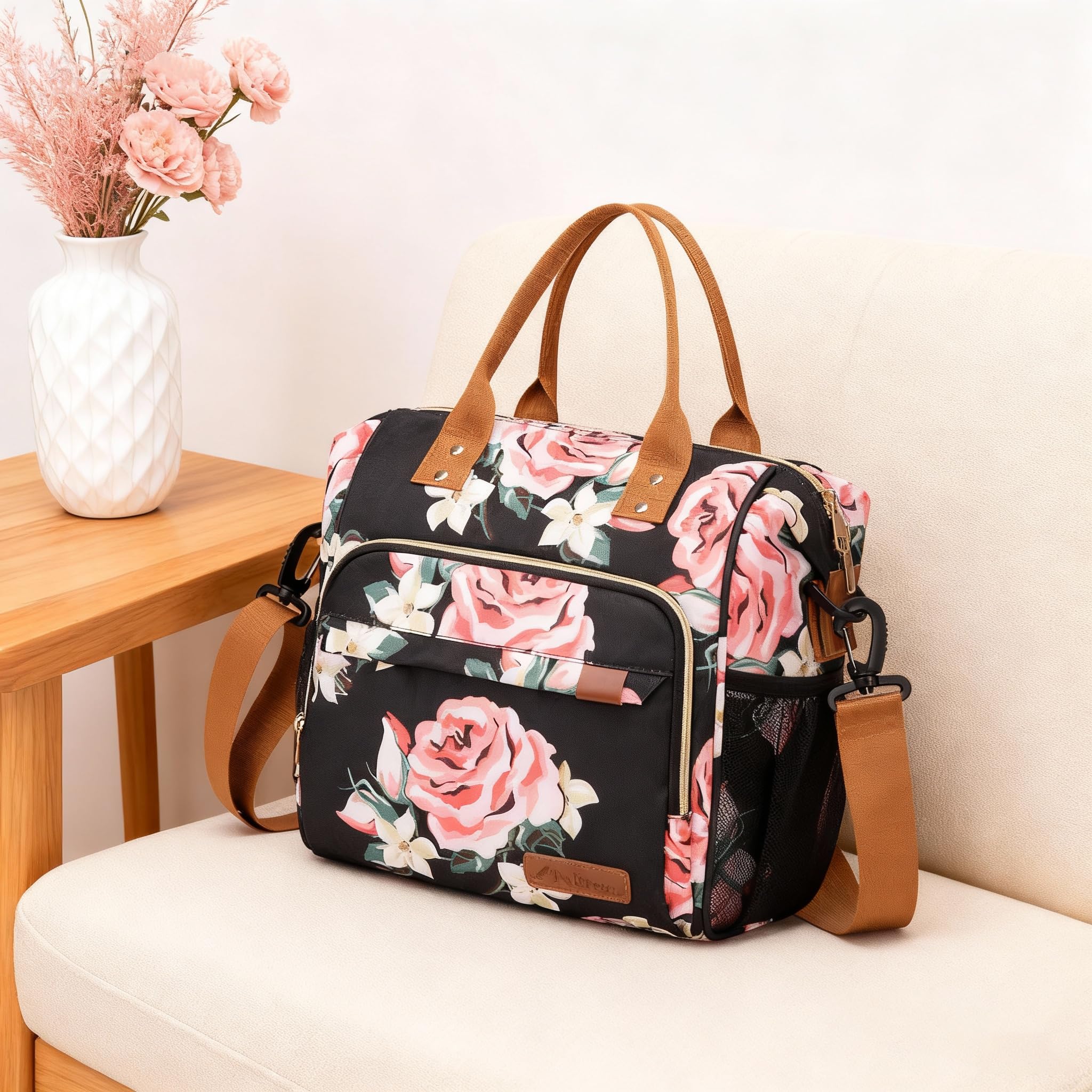 TuErCao Lunch Box for Women Adult Insulated Lunch Bag for Female Teacher Nurse Mom, Fashion Ladies Lunch Tote Bag for Work, Peony
