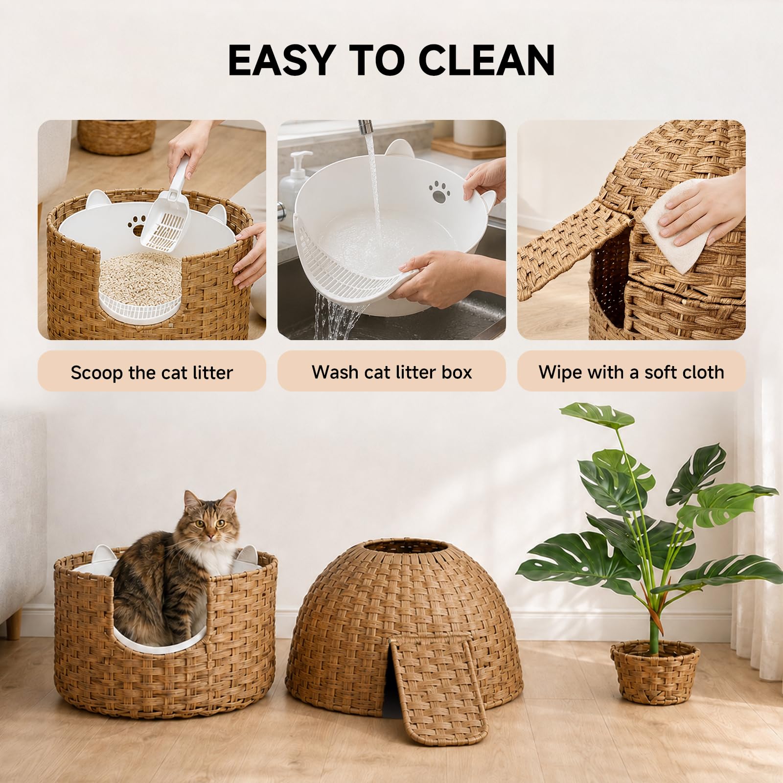 Stylish Rattan Cat Litter Box - Hide Waste & Decorate -5