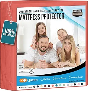Utopia Bedding Waterproof Mattress Protector Queen Size, Premium Terry Mattress Cover 200 GSM, Breathable, Fitted Style with Stretchable Pockets (Coral)