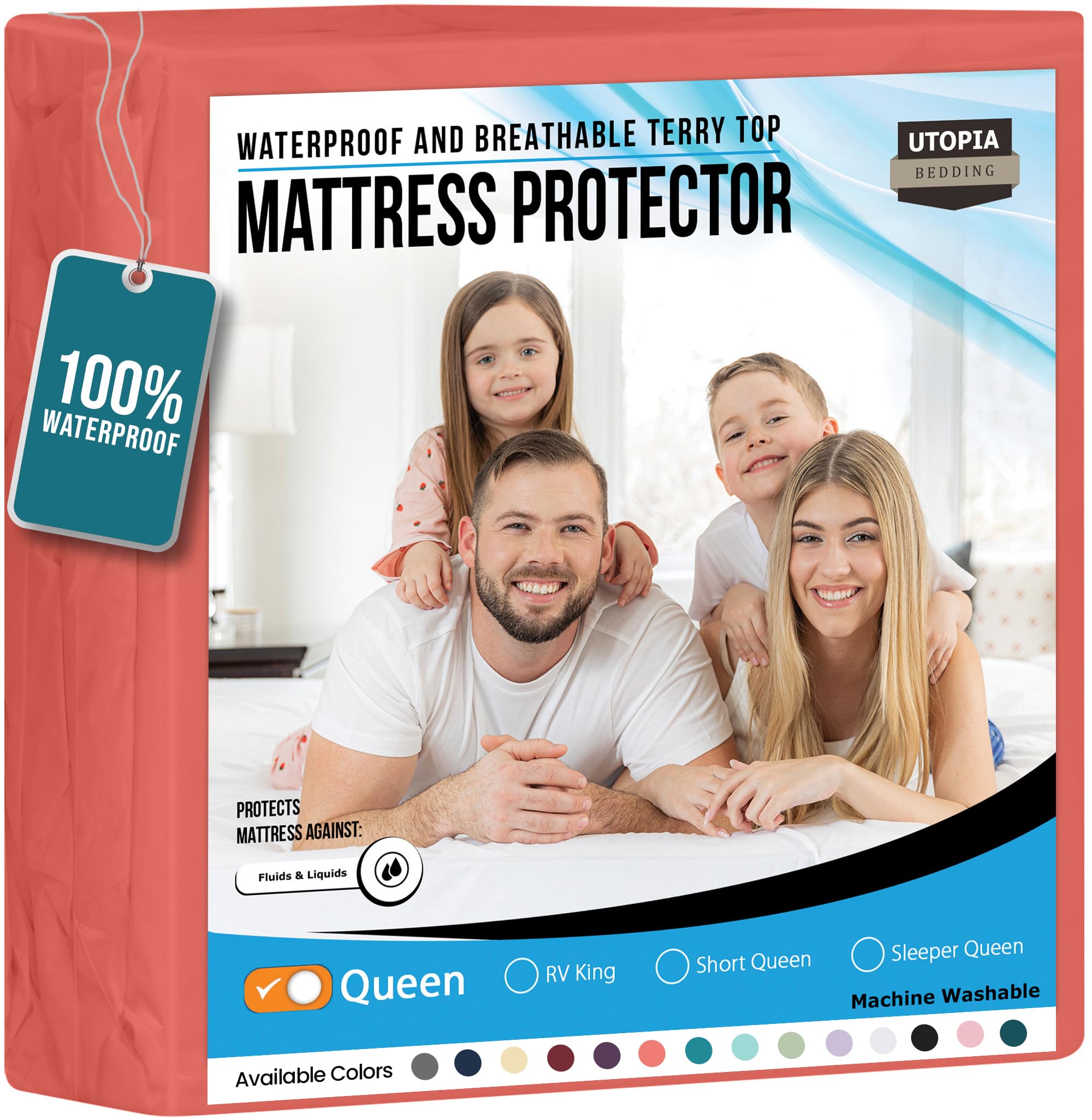 Utopia Bedding Waterproof Mattress Protector Queen Size, Premium 200 GSM Terry Mattress Cover, Soft &amp; Breathable Bed Cover, Fitted Sheet Style with Stretchable Deep Pockets 17" (Coral)