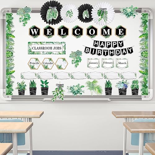 Kosiz Juego de decoración de plantas para el aula, decoración bohemia de tablón de anuncios con vegetación incluida, cartel de bienvenida, tablón