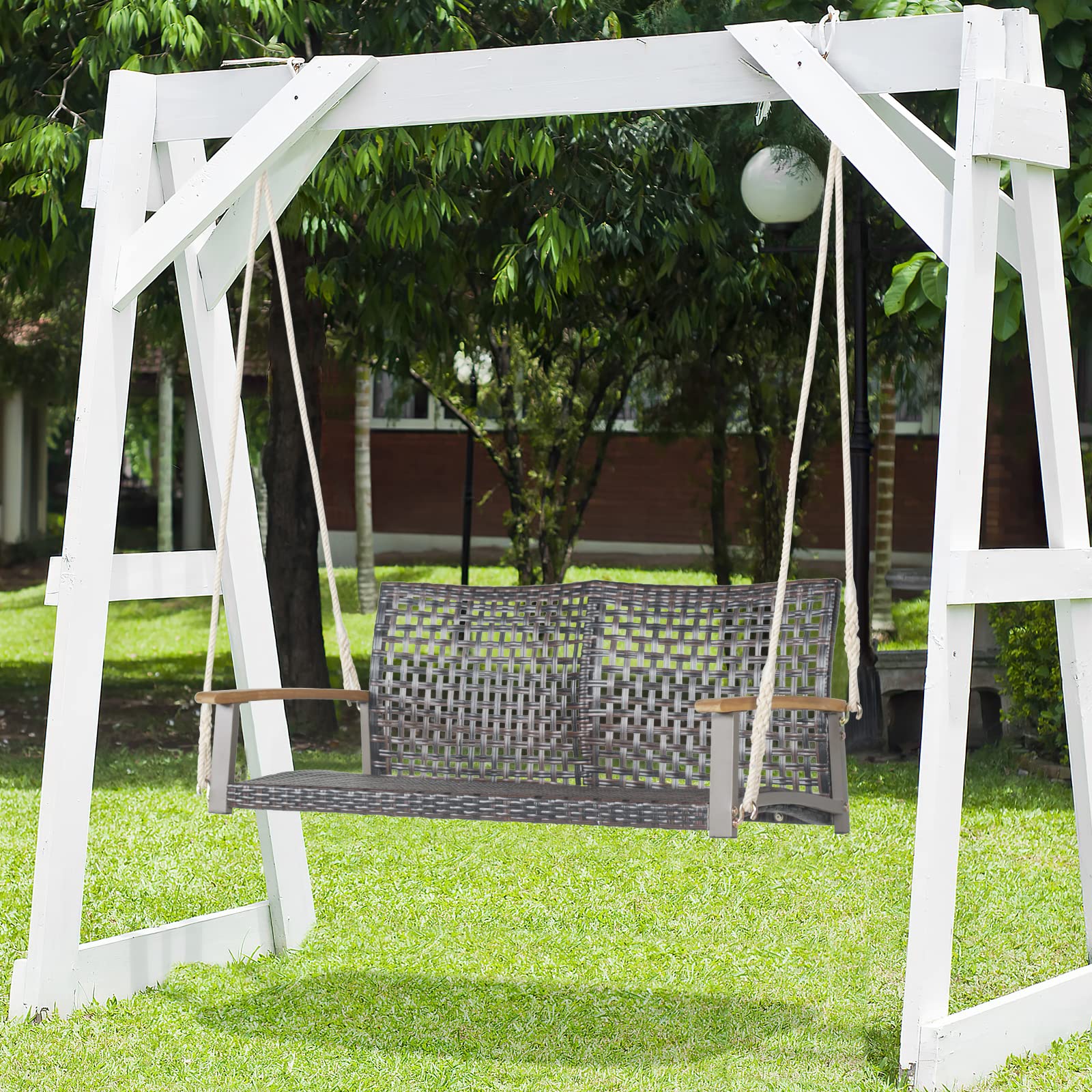 COSTWAY Banco Columpio de Exterior con 2 Asientos de Ratán PE, Respaldo Curvado y Reposabrazos de Madera de Acacia, Carga 360 kg para Pórtico Veranda Patio Jardín (sin cojin)