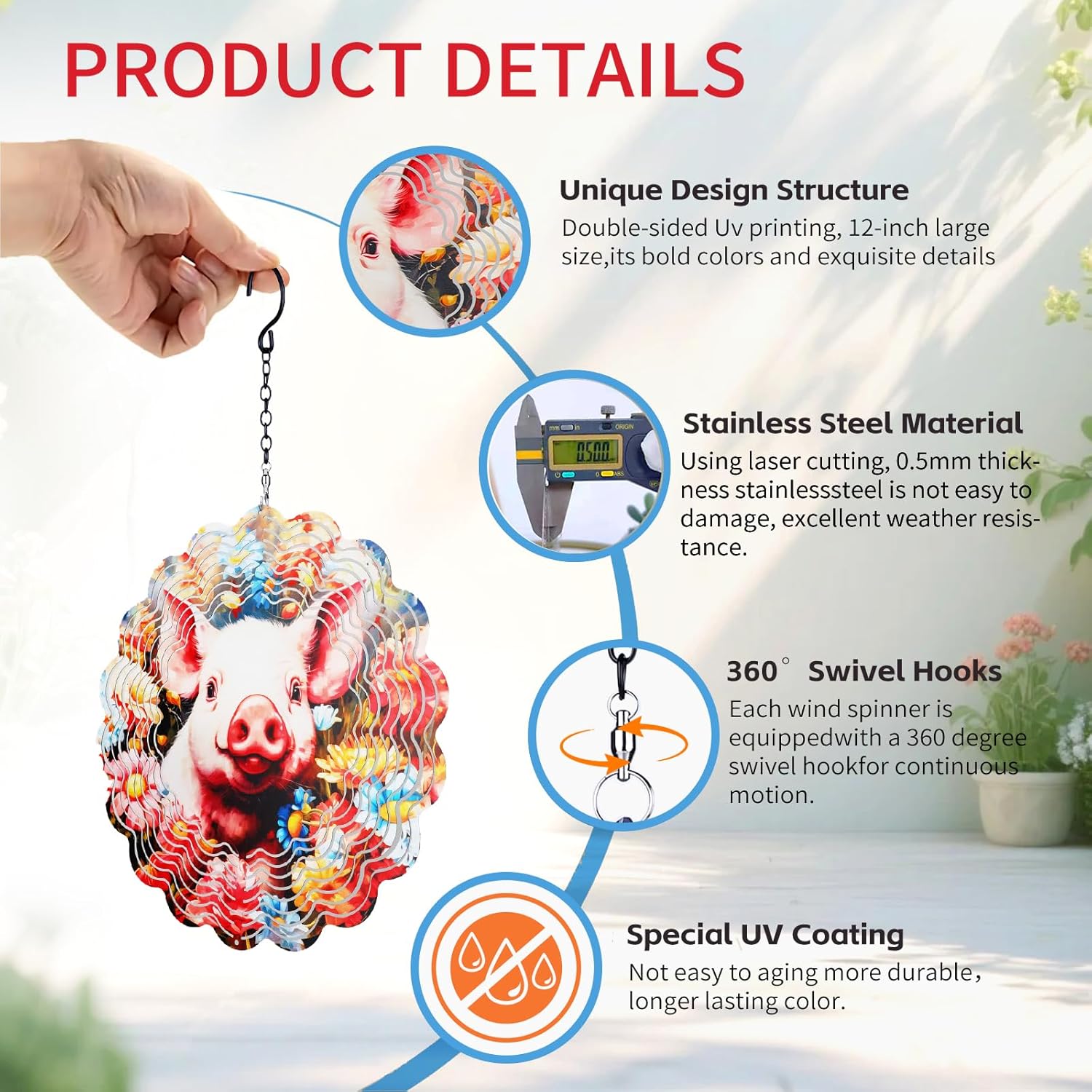 Pig Metal Decor Wind Spinners Outdoor,Hanging Wind Spinner Garden Decor Gifts for Women Men,12 inch 3D Kinetic Sculpture for Backyard,Porch,Yard,Patio,Outside Decorations