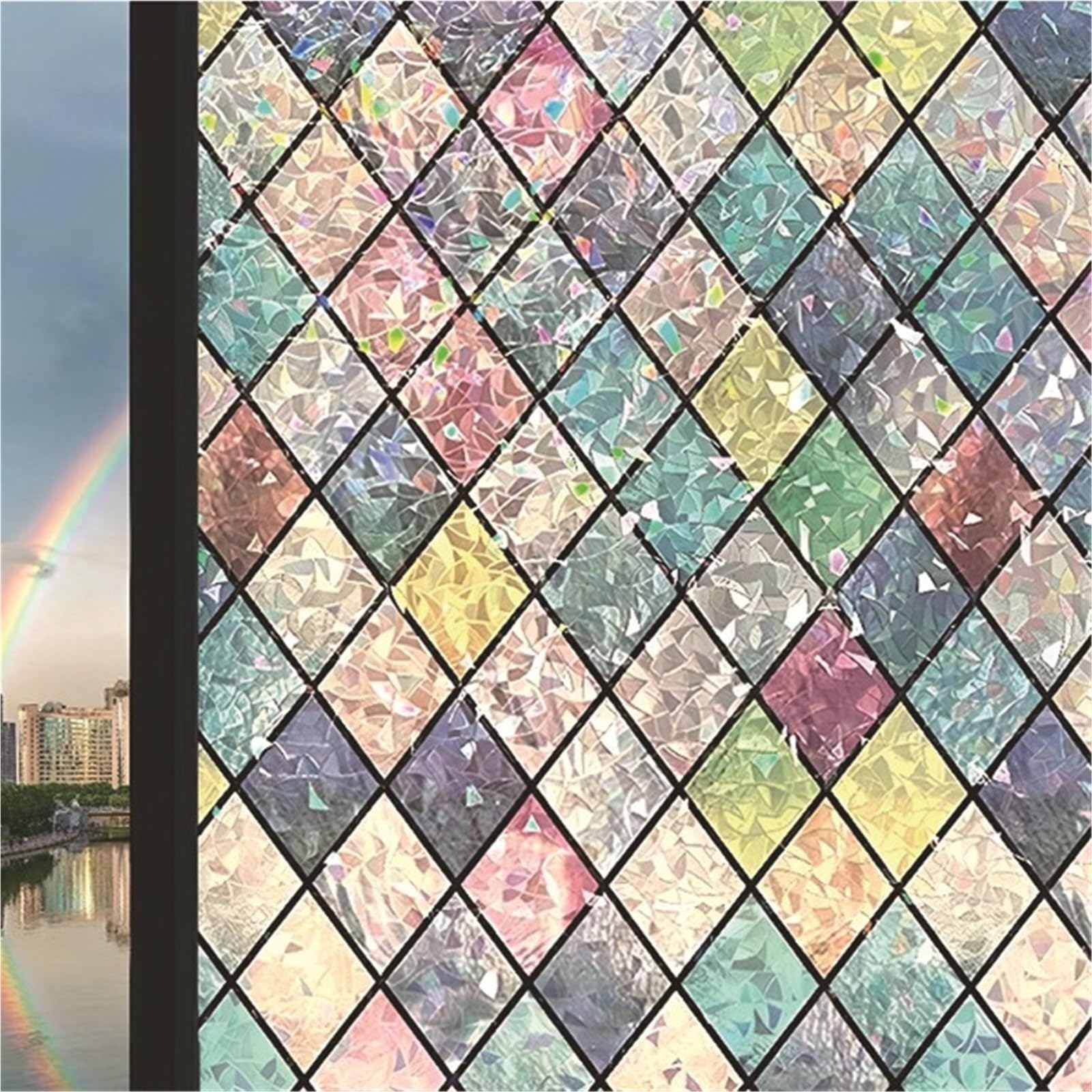 SHALLEZSOU Window films Rainbow Stained Glass Window Film Look Frosted Privacy Stickers Static Cling Adhesive Shower Windows Decoration