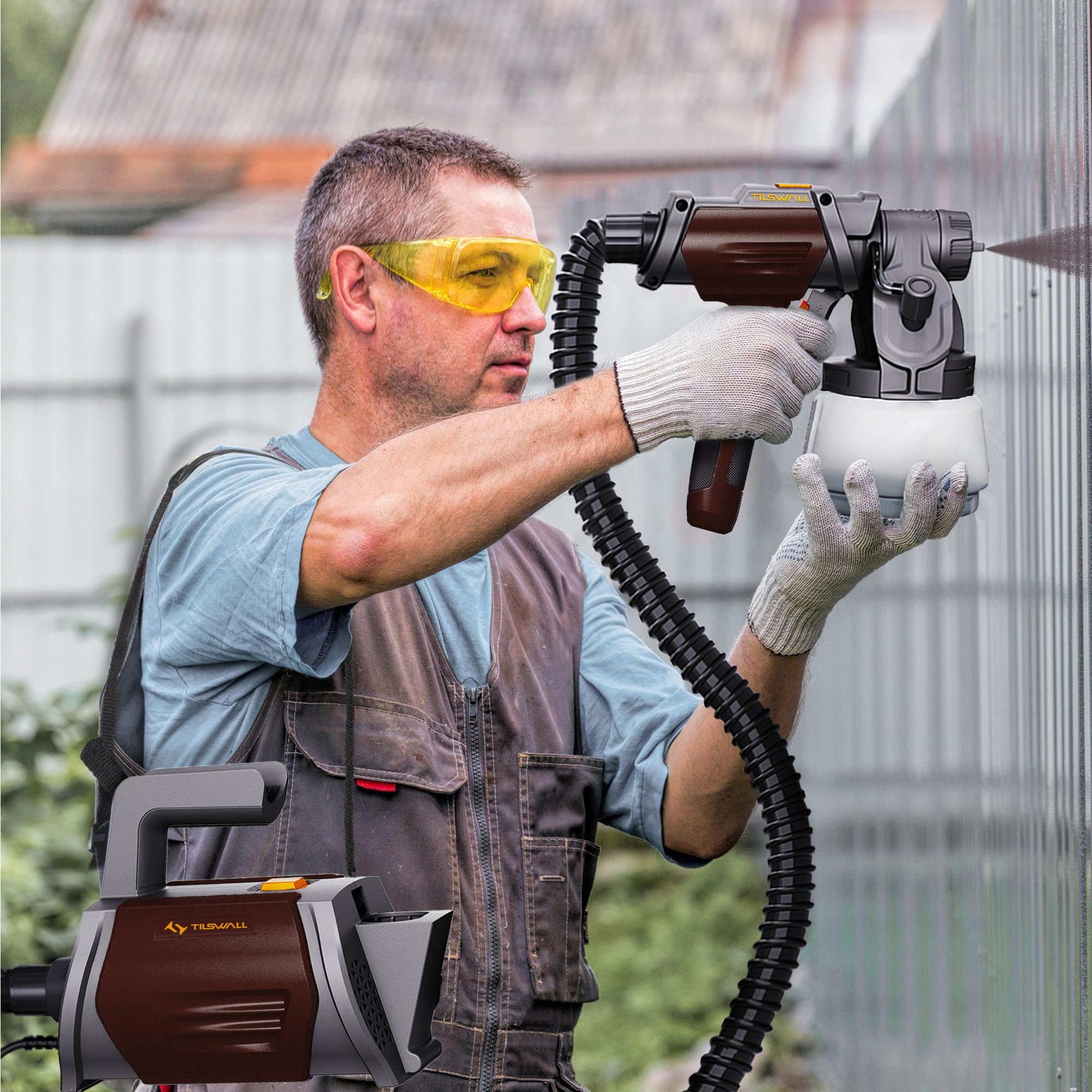 Tilswall Pistola Pintura, Pulverizador de Pintura HVLP 800W, 4 Boquillas y 3 Patrones, Contenedor de Pintura con Recarga Lateral, 120 DIN-s Pistola de Pintura, para Vallas, Jardín y Muebles
