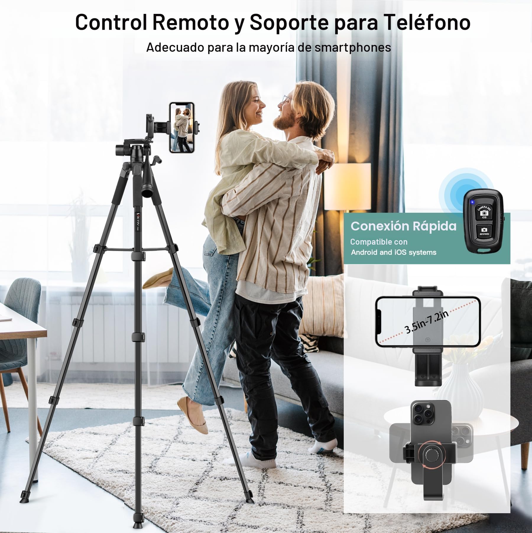 Victiv 174cm Tripode Camara, Tripode para Movil con Soporte Teléfono & Control Remoto, Tripod Camara Reflex para Sony Nikon Canon, Ligero Trípode Móvil para iPhone 17/16/15/14/13/12Pro MAX