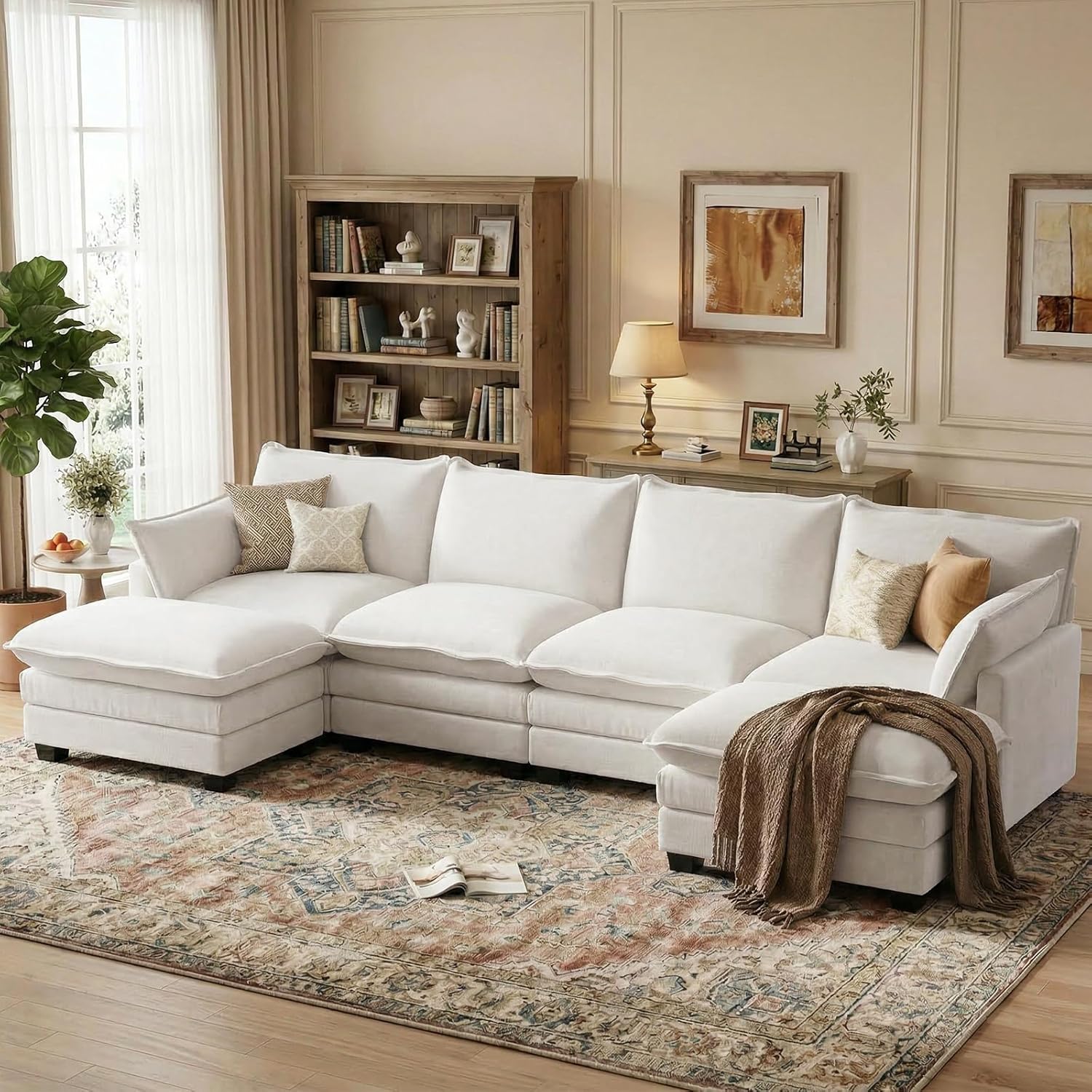 U Shaped Modular Sectional Sofa, Cloud Couch with Movable Ottoman, Comfy Chenille Sofa with Pillows for Living Room, Bedroom, Apartment, Beige