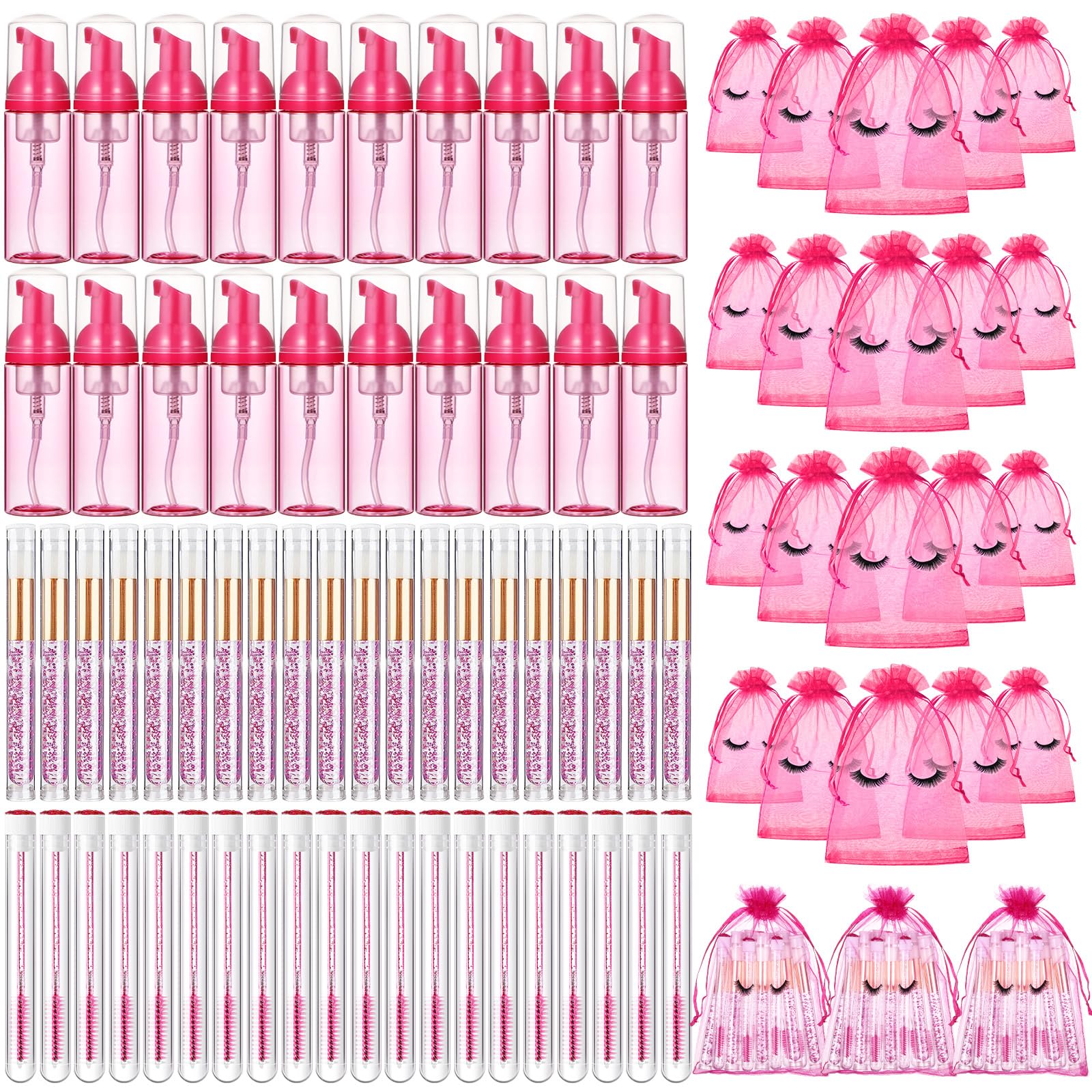 Zhehao 80 Pcs Lash Shampoo Bottle Brushes Kit 20 Foam Pump Dispensers 20 Lash Shampoo Brushes 20 Eyelash Aftercare Bag 20 Cleaning Pipes, Eyelash