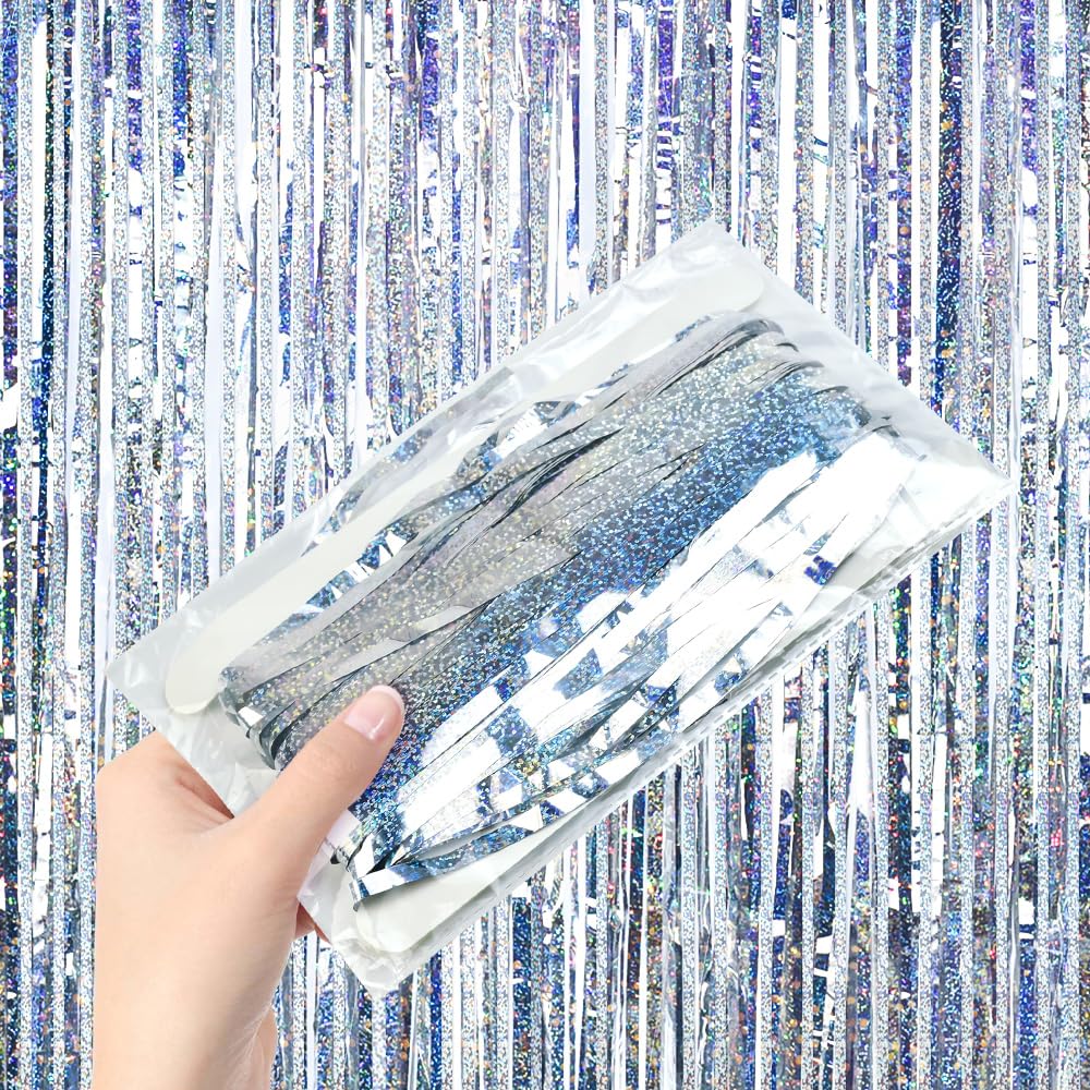 CAREDGO 4 Pcs Cortina de Oropel Plata 2.5m*1m Cortinas de Flecos Láminas Cortinas Metálicas Plata Cortina de Lámina Decorativa para Decorar Fiesta de Cumpleaños Bodas Mesa Puertas Fondo de Photocall