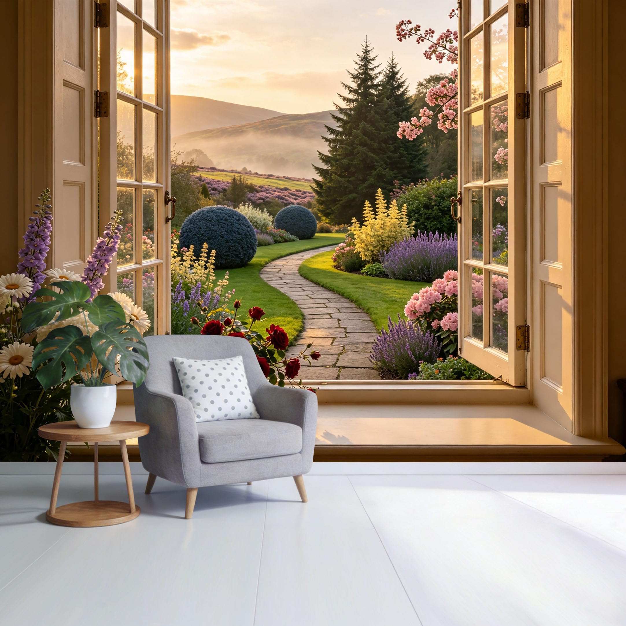 Custom Size Wall Mural Scenic Window View Botanical Flower Garden Landscape 3D Trompe L'Oeil Removable Self Adhesive Fabric Home Wall Decor for Living Room Bedroom Bathroom