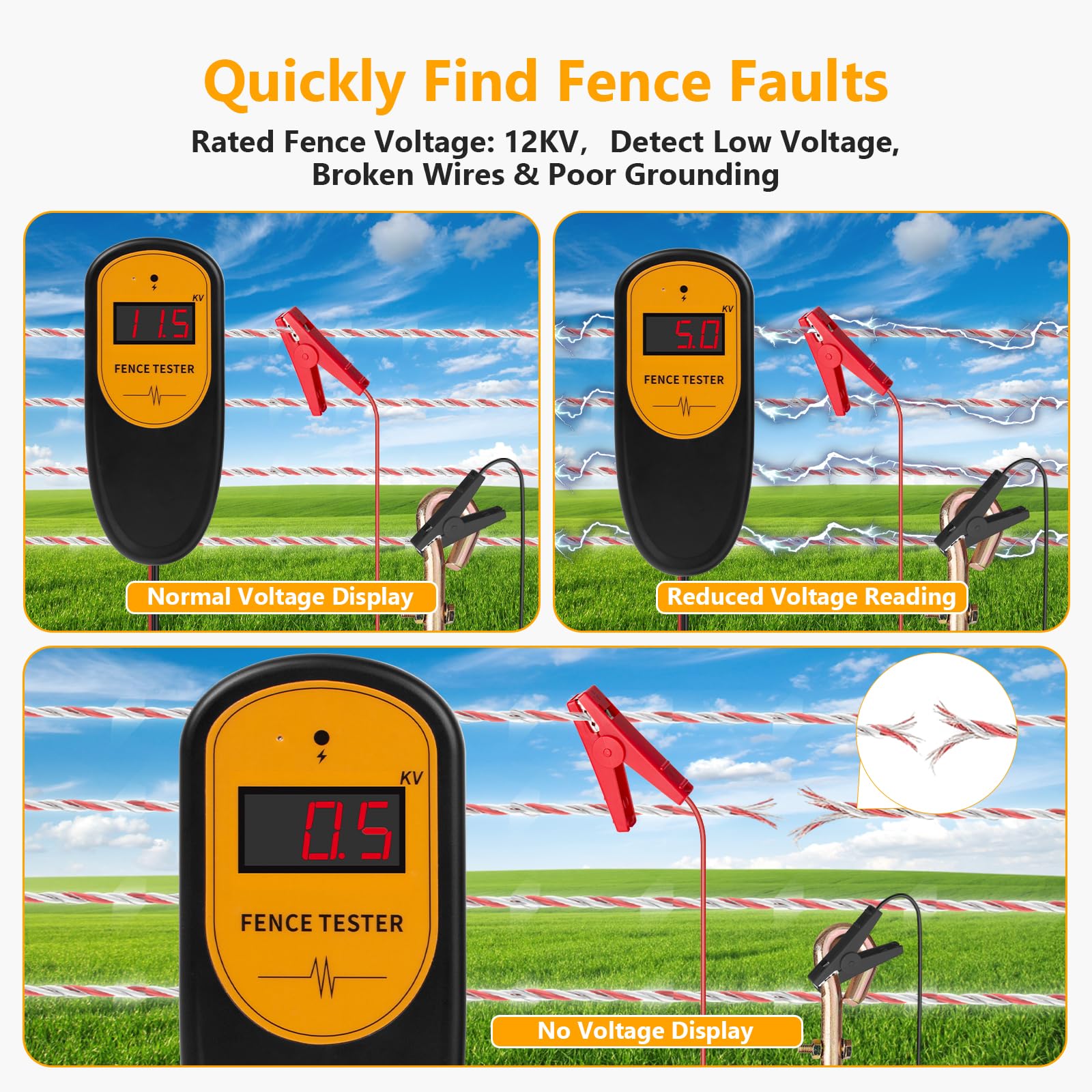Tester Digitale per Recinzione Elettrica 0.5–13KV, Misuratore di Tensione per Recinti Elettrificati, Localizzazione Guasti, con Batteria 9V Inclusa