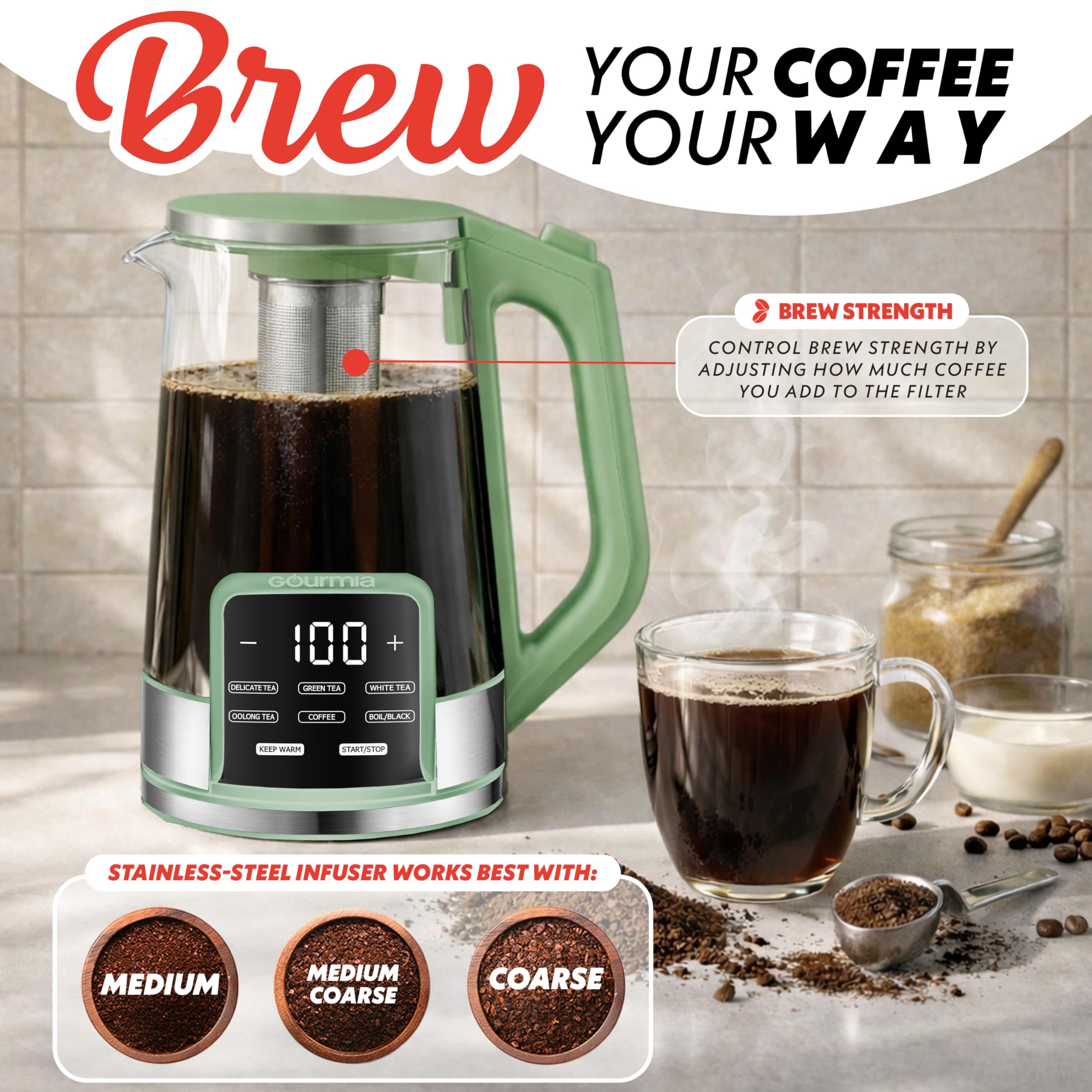 Gourmia Electric Glass Kettle – 1.7L Programmable Tea & Coffee Brewer with Digital Touch Display, 6 Presets, Removable Stainless Steel Infuser, Cordless with 360° Swivel Base, Green